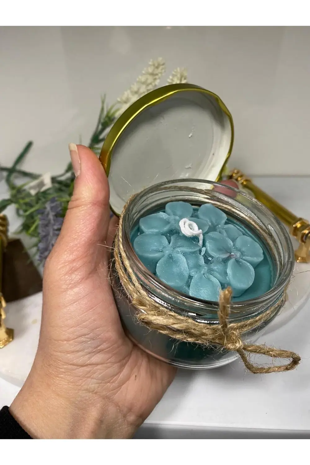 Soya Wax Dekoratif Kapaklı Kavanozda Mum Çiçekli(Kokulu)