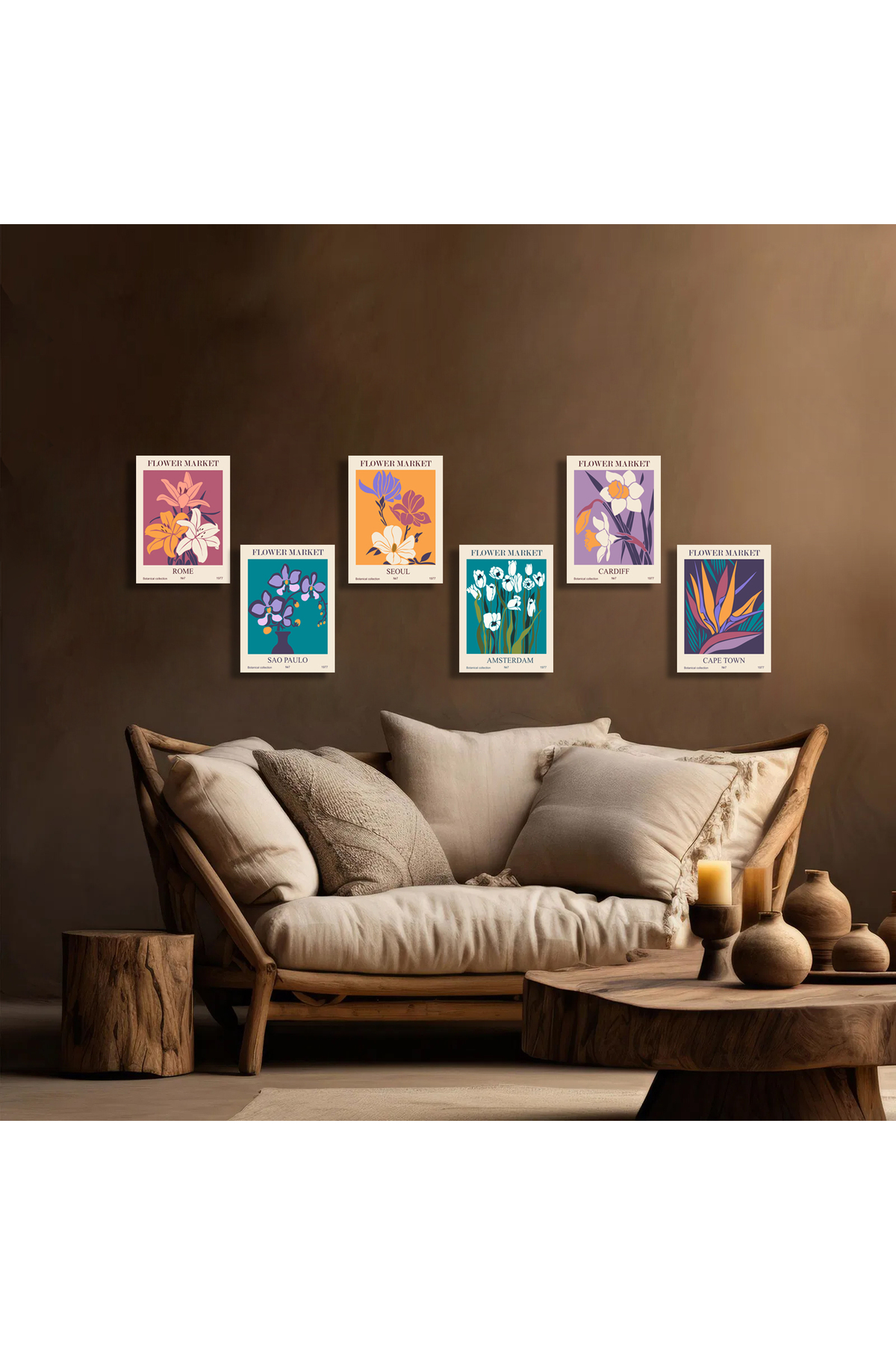 Korkmazkanvas Soyut Çiçek Pazarı Posterleri Vektör Baskı. 6'Lı Kanvas Tablo