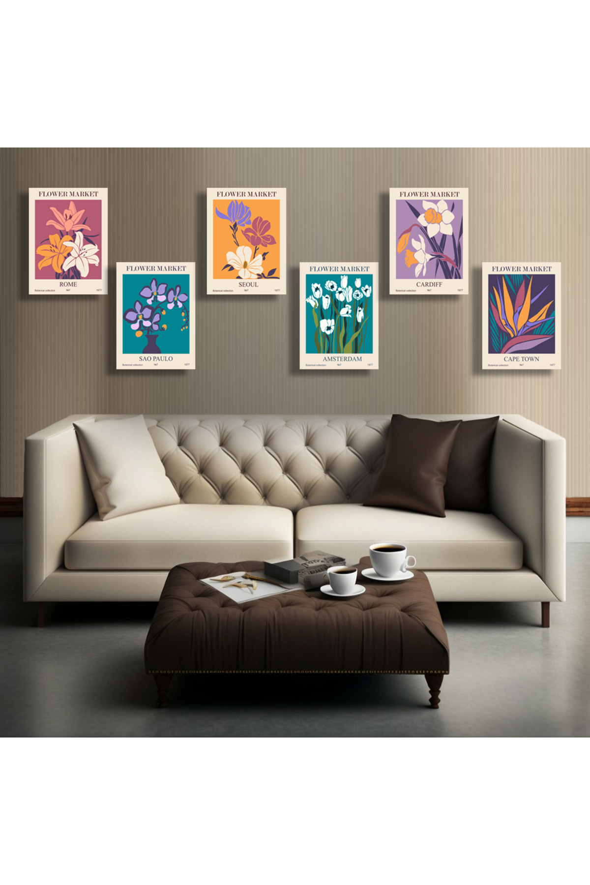 Korkmazkanvas Soyut Çiçek Pazarı Posterleri Vektör Baskı. 6'Lı Kanvas Tablo