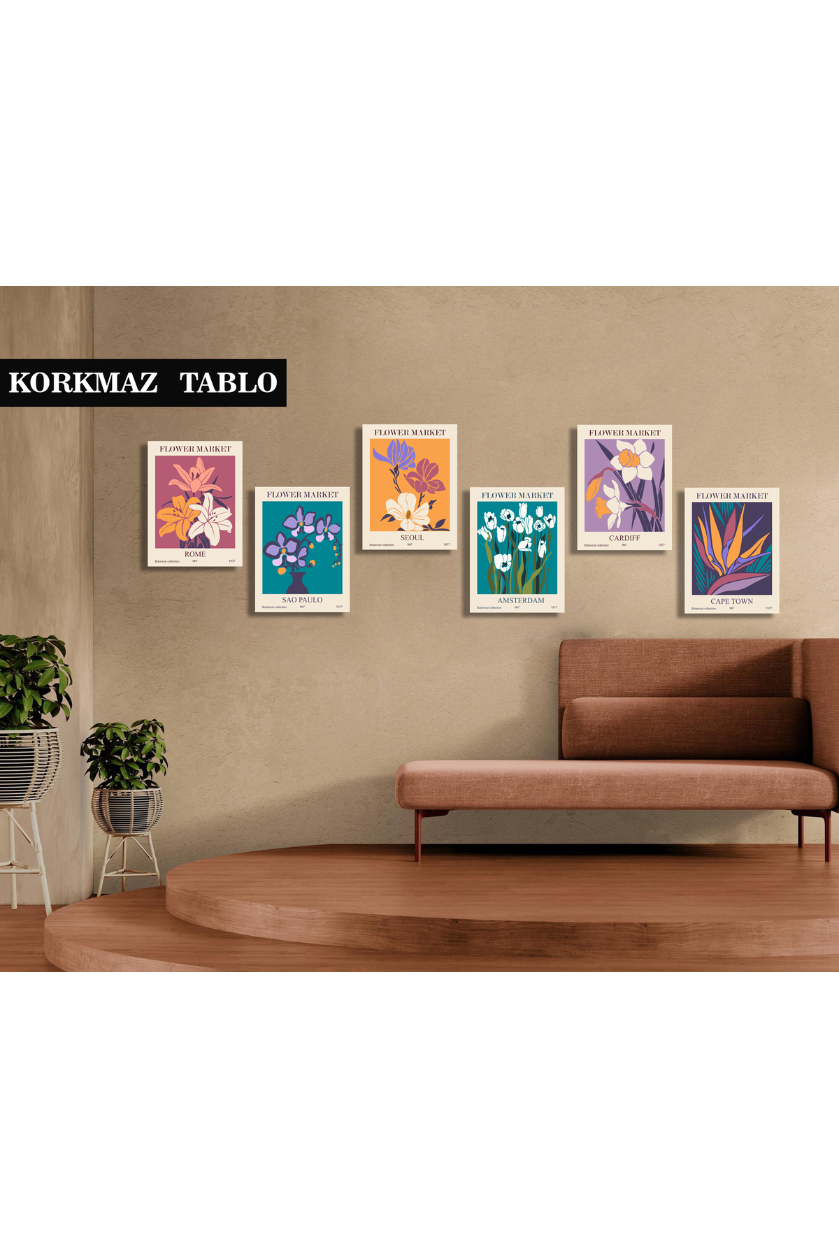 Korkmazkanvas Soyut Çiçek Pazarı Posterleri Vektör Baskı. 6'Lı Kanvas Tablo