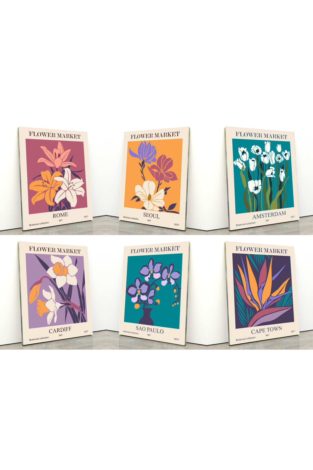 Korkmazkanvas Soyut Çiçek Pazarı Posterleri Vektör Baskı. 6'Lı Kanvas Tablo