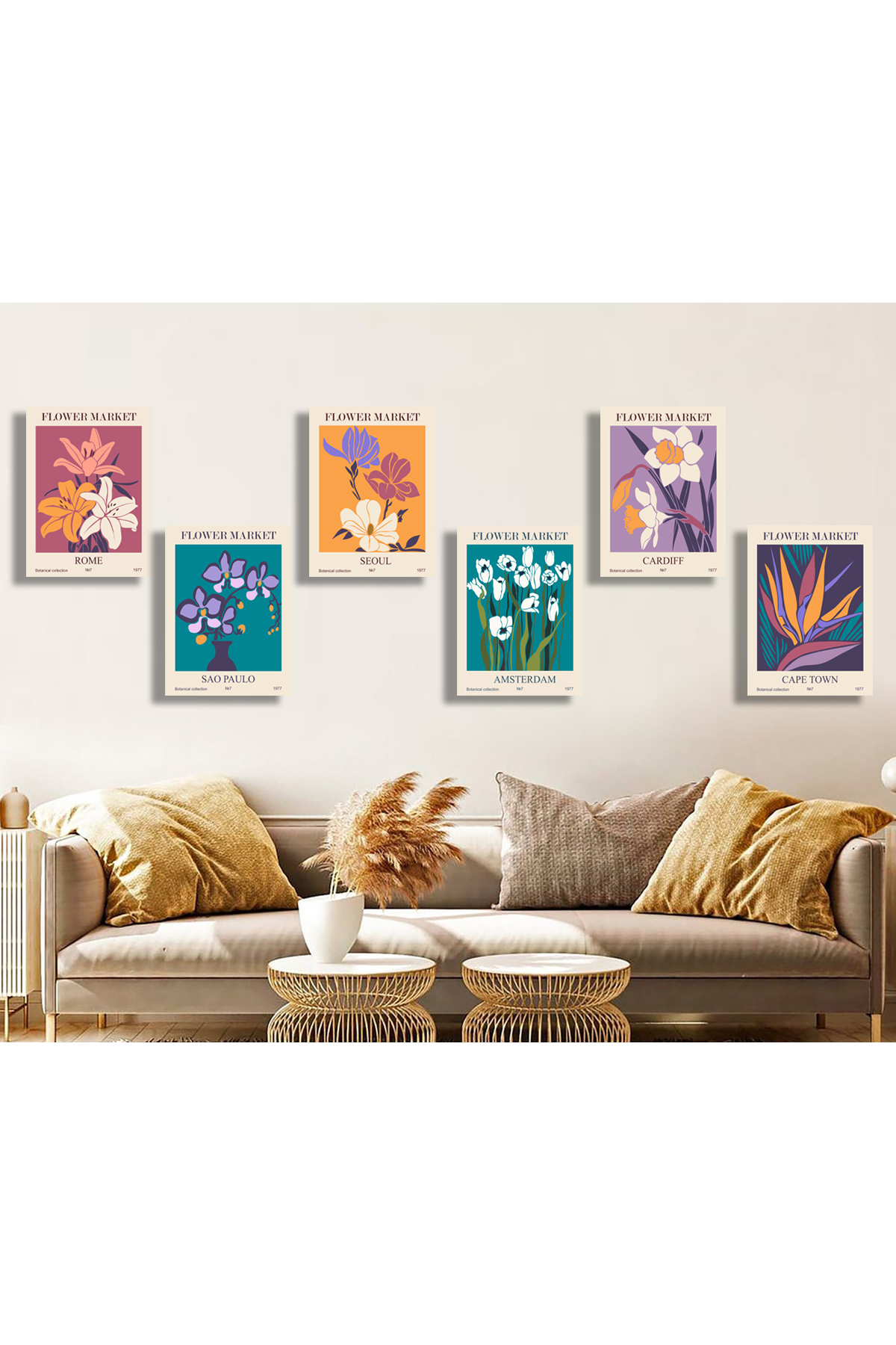 Korkmazkanvas Soyut Çiçek Pazarı Posterleri Vektör Baskı. 6'Lı Kanvas Tablo