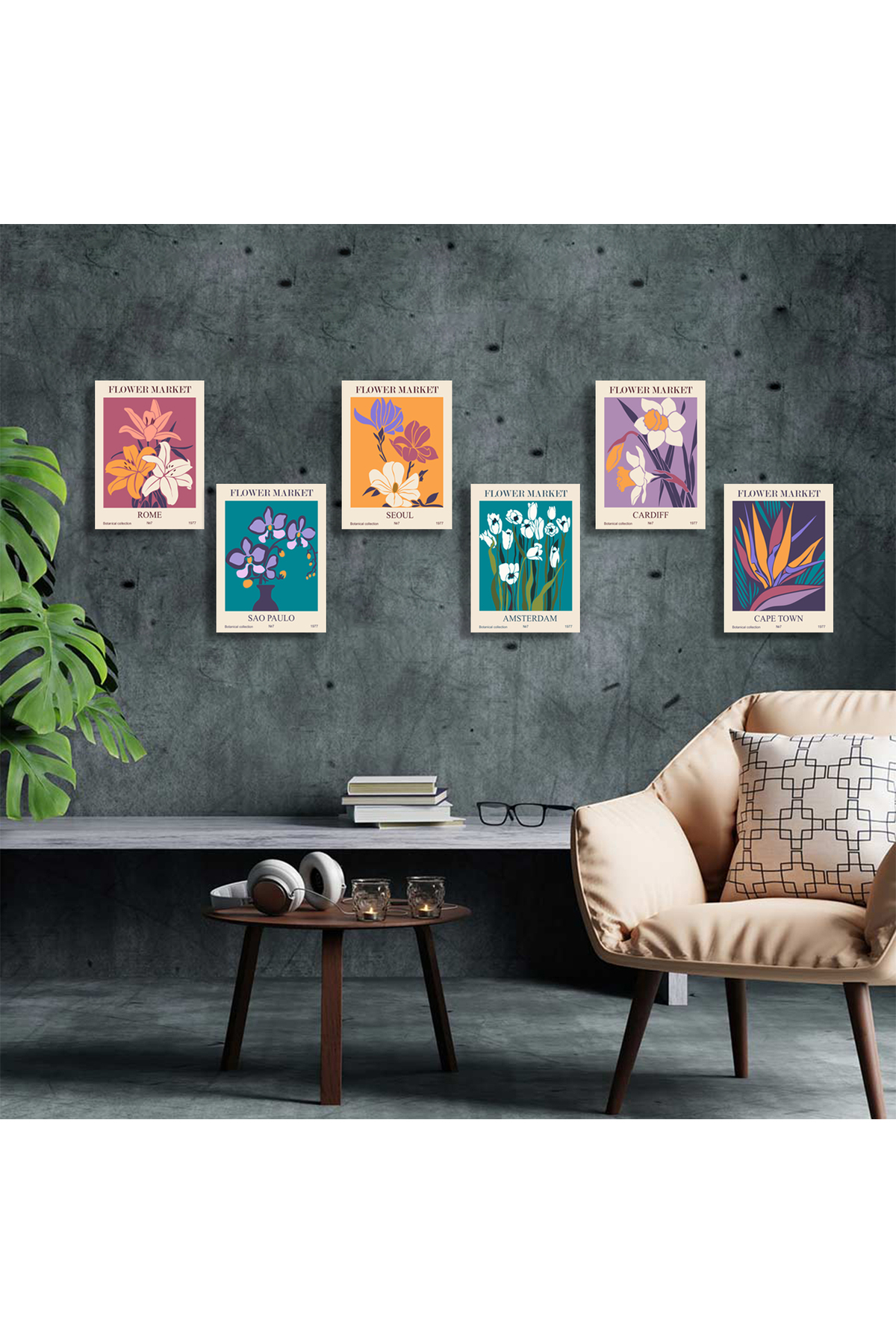 Korkmazkanvas Soyut Çiçek Pazarı Posterleri Vektör Baskı. 6'Lı Kanvas Tablo