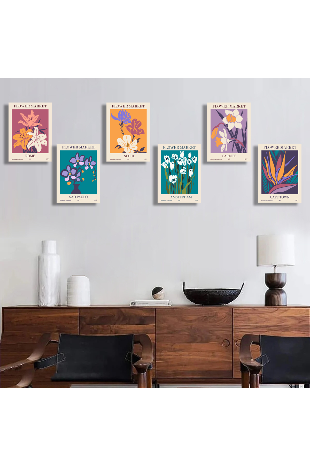 Korkmazkanvas Soyut Çiçek Pazarı Posterleri Vektör Baskı. 6'Lı Kanvas Tablo