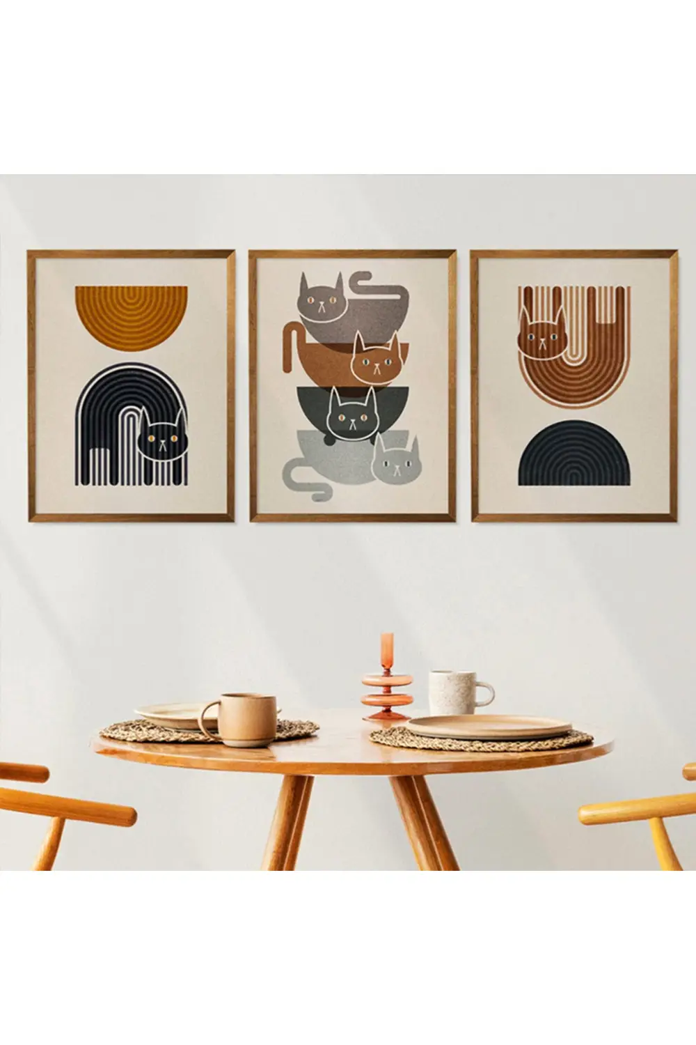 Soyut Kedi Motifli Duvar Dekoru 3’lü Çerçeve Görünümlü MDF Tablo 