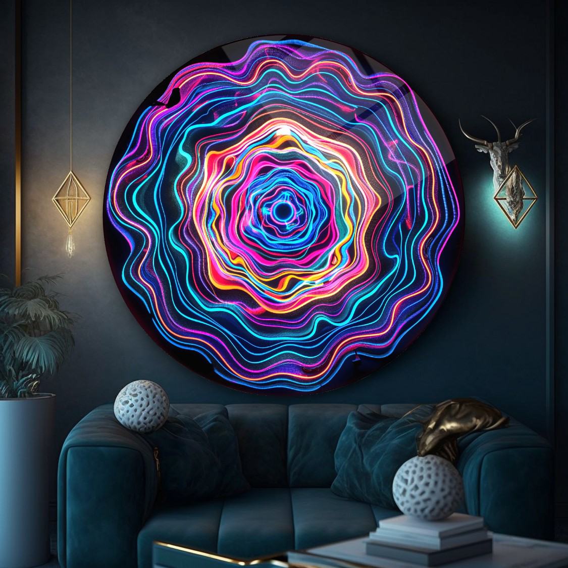 Soyut Neon Yuvarlak Cam Tablo | Hediyelik, Dekoratif, Ofis, Mutfa