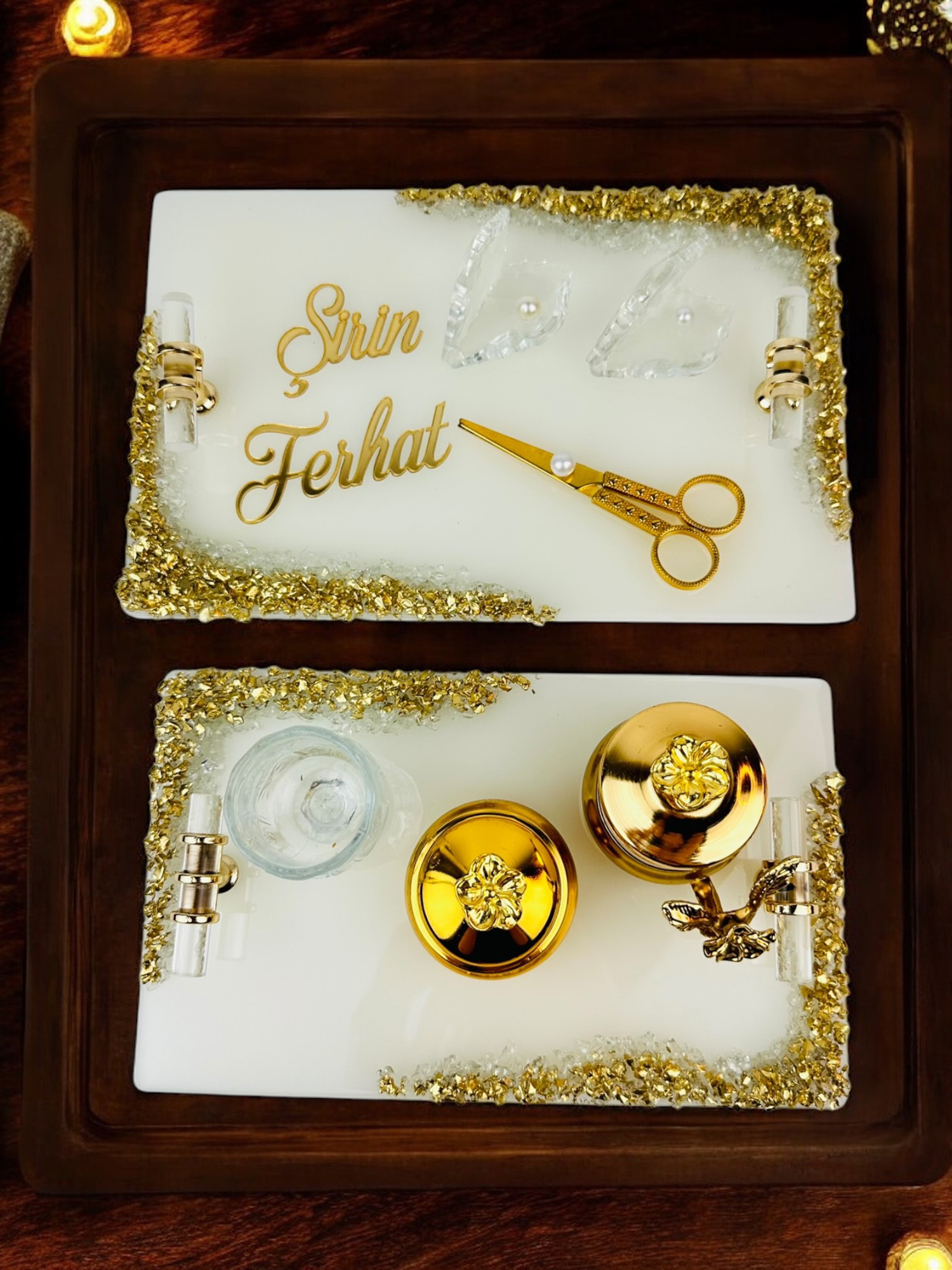 Spark Gold Epoksi Söz Nişan Tepsisi Spark Gold Epoksi Söz Nişan Tepsisi