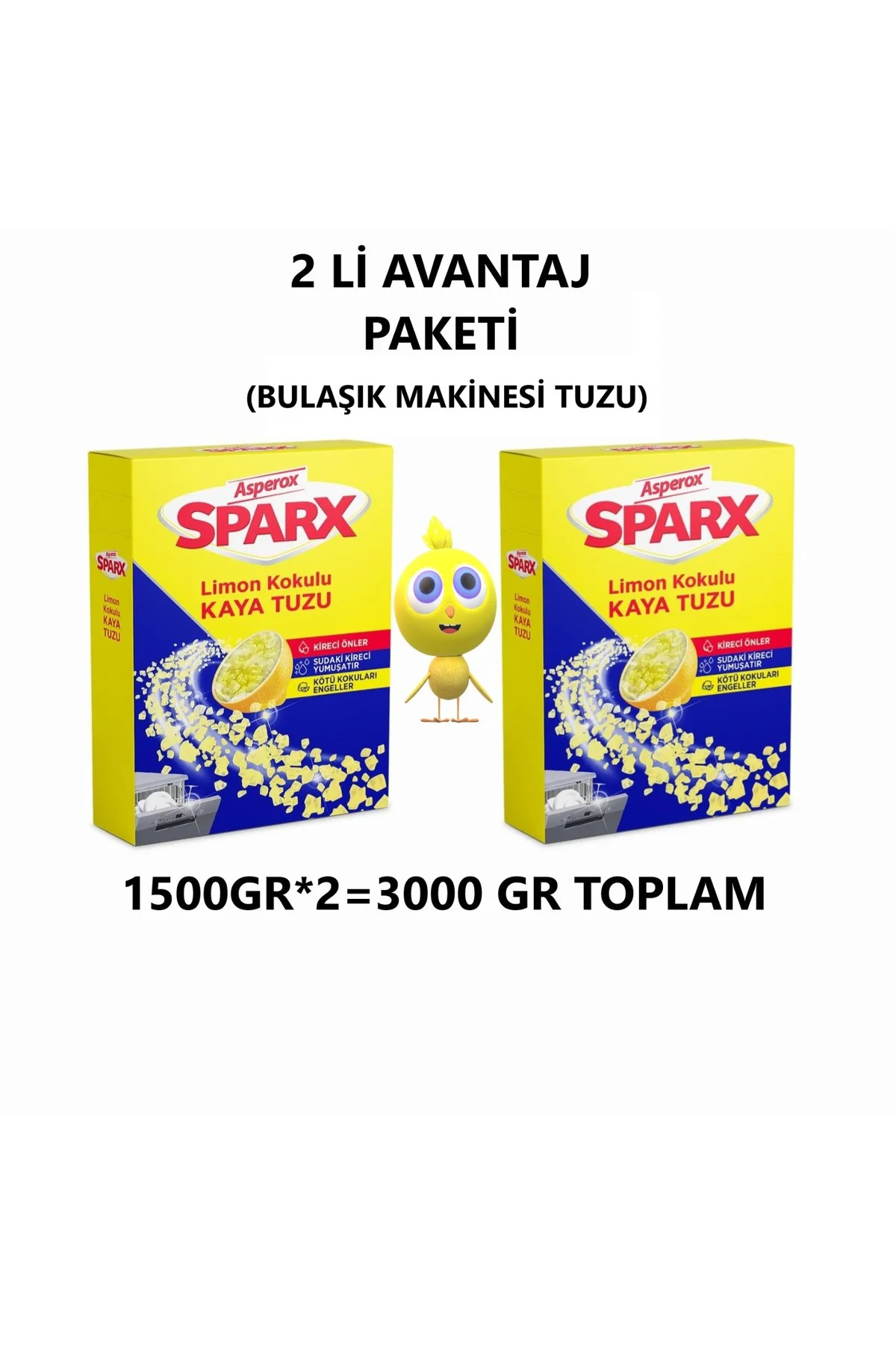 Sparx Limon Kokulu Makine Tuzu 2'li Paket 1500 gr x 2 Toplam 3000 gr Bulaşık Makinesi İçin