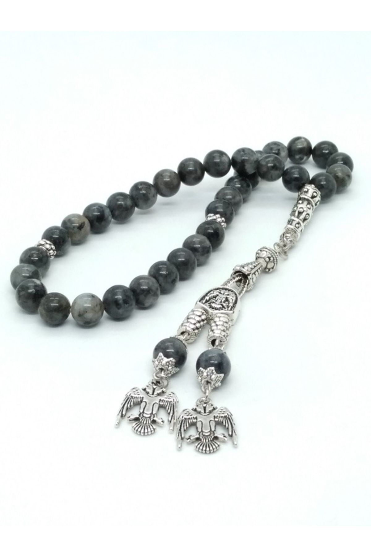 Spektrolit (Labradorit) Tespih, Püskülü Selçuklu Kartalı Figürlü.