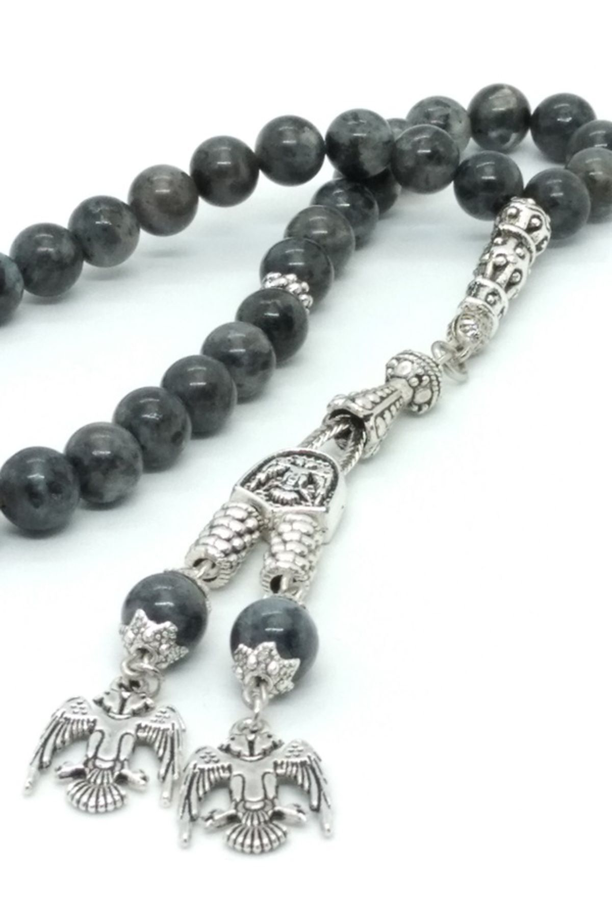 Spektrolit (Labradorit) Tespih, Püskülü Selçuklu Kartalı Figürlü.