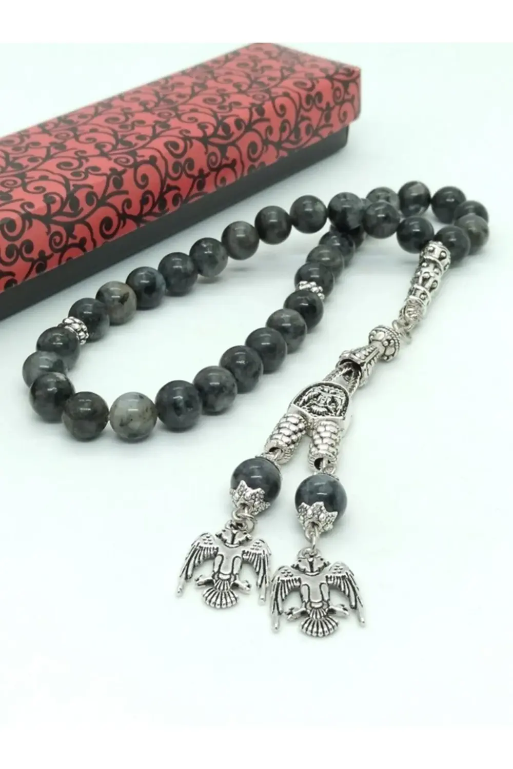 Spektrolit (Labradorit) Tespih, Püskülü Selçuklu Kartalı Figürlü.