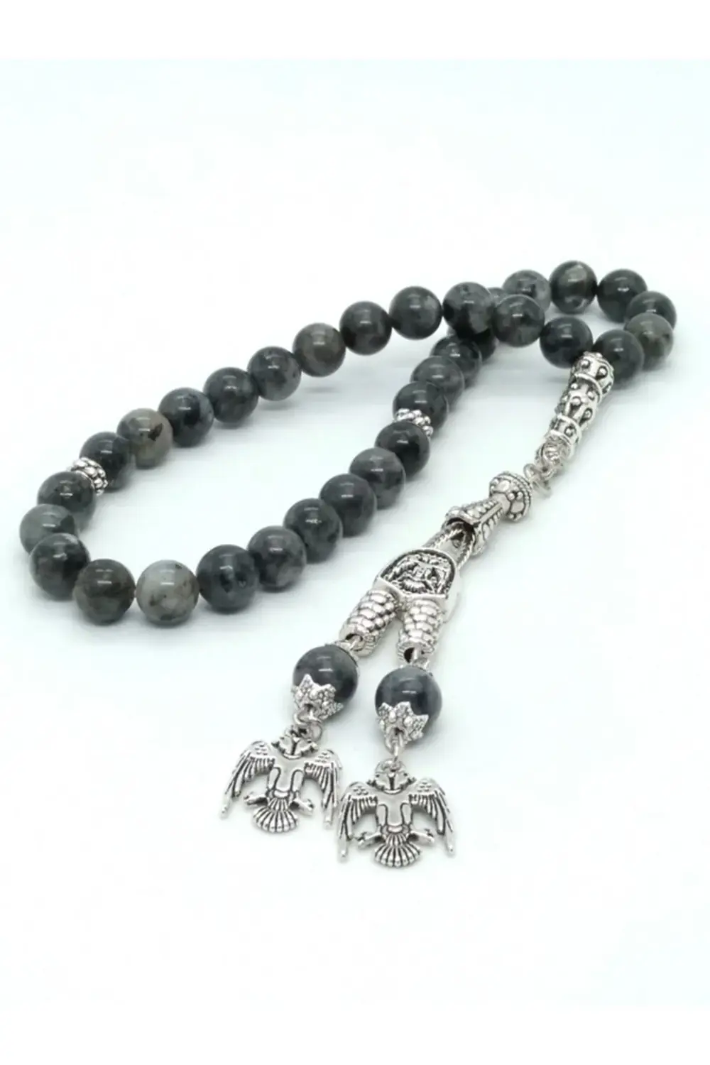 Spektrolit (Labradorit) Tespih, Püskülü Selçuklu Kartalı Figürlü.