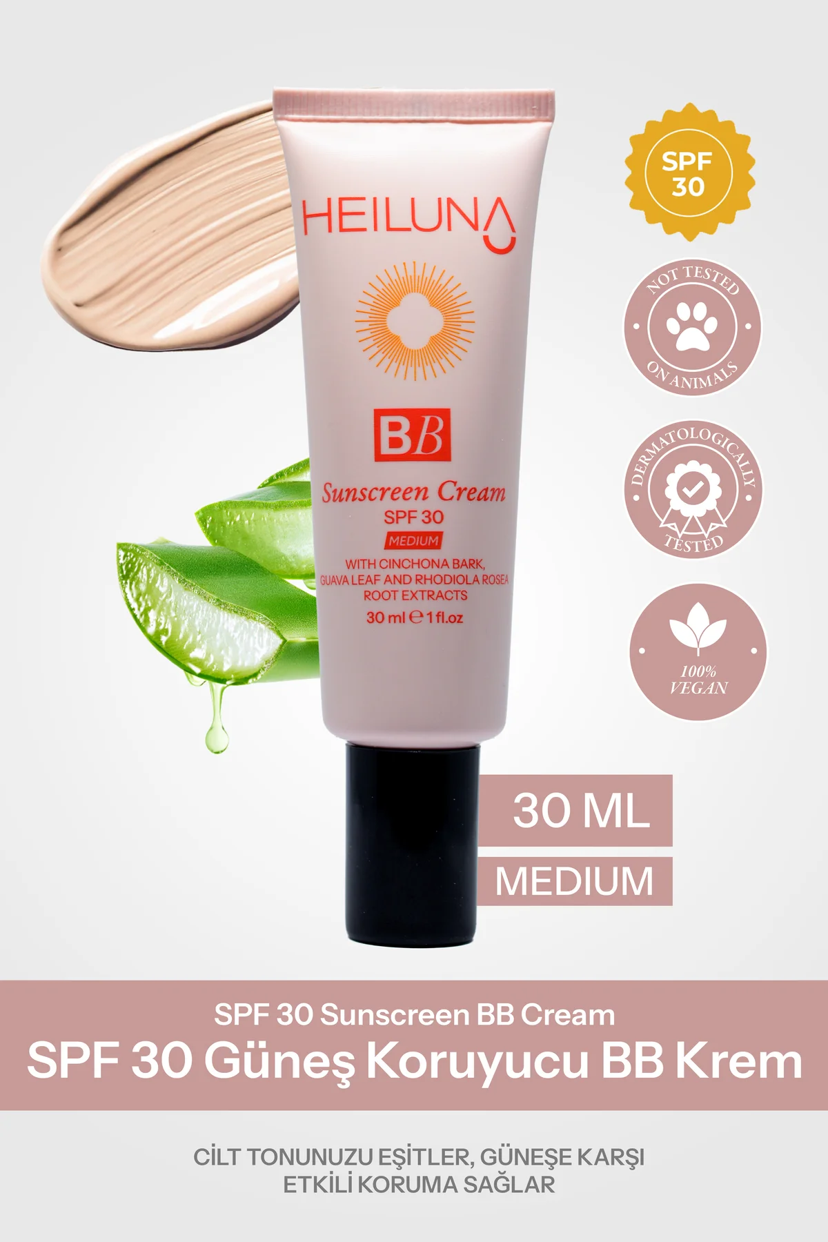 SPF 30 BB Krem 30 ml Medium, Niacinamide & Aloe Vera ile Aydınlat