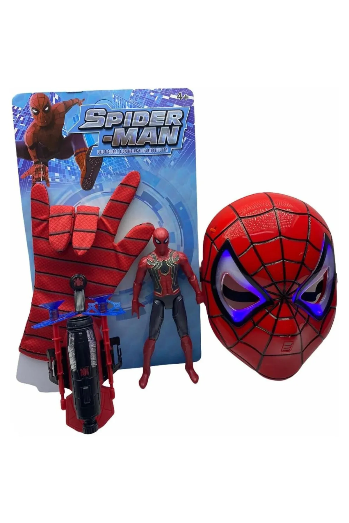 Spidermanağ Atan Eldiven+Işıklı Maske+18 Cm Işıklı Figür 3 Lü Set