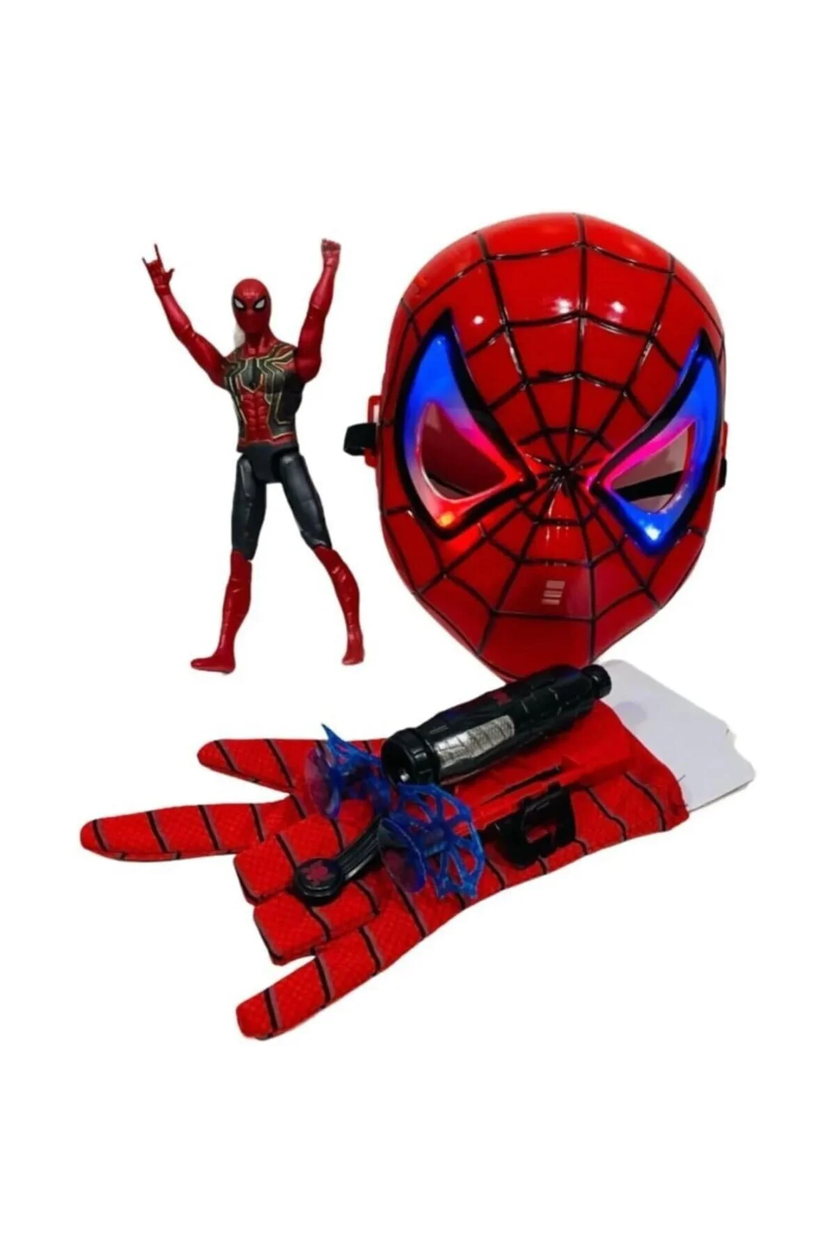 Spidermanağ Atan Eldiven+Işıklı Maske+18 Cm Işıklı Figür 3 Lü Set