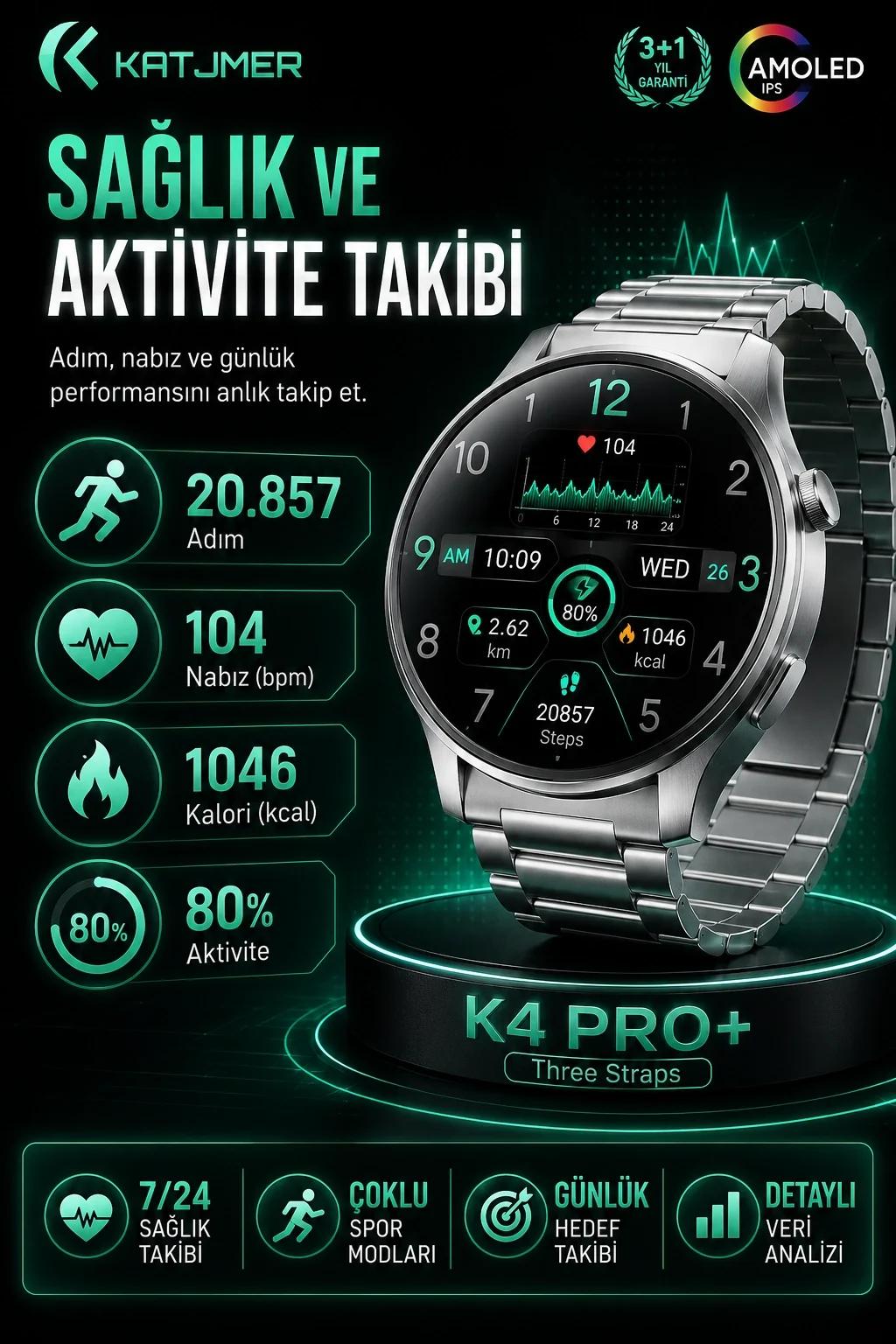 Spor Modlu Bildirim Özellikli Akıllı Saat Metal Kordonlu Üç Kayışlı Günlük Kullanım Seti