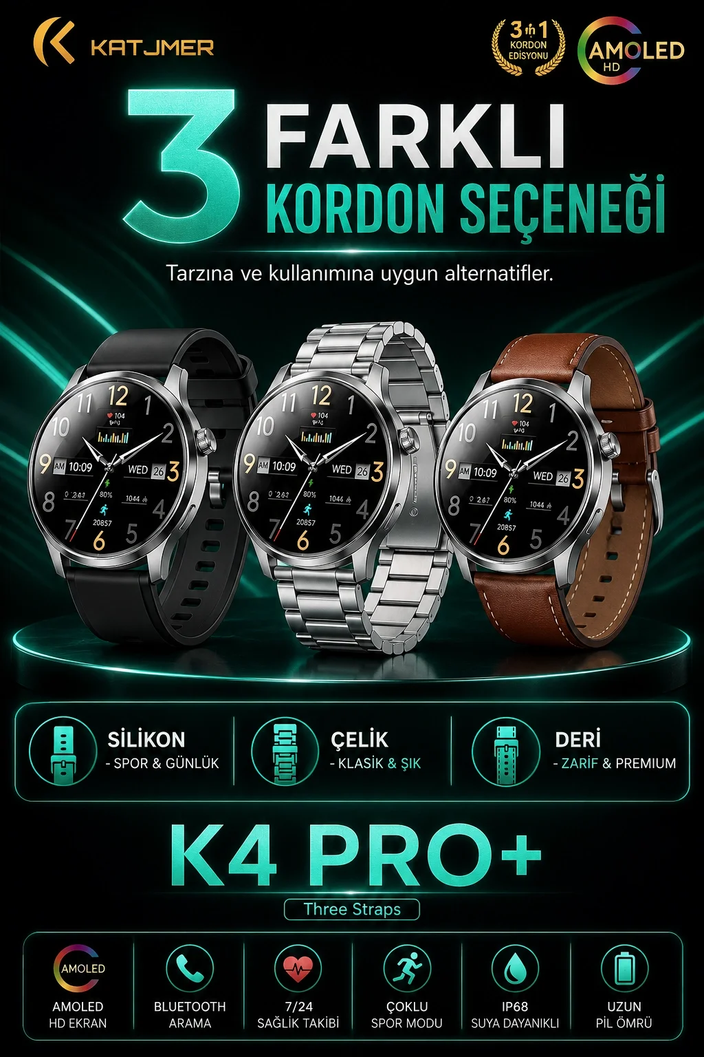 Spor Modlu Bildirim Özellikli Akıllı Saat Metal Kordonlu Üç Kayışlı Günlük Kullanım Seti