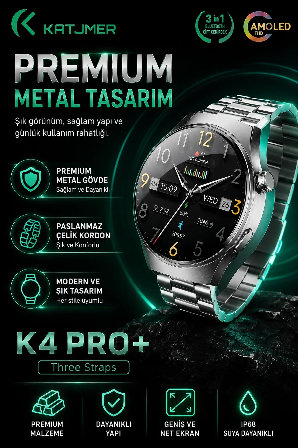 Spor Modlu Bildirim Özellikli Akıllı Saat Metal Kordonlu Üç Kayışlı Günlük Kullanım Seti