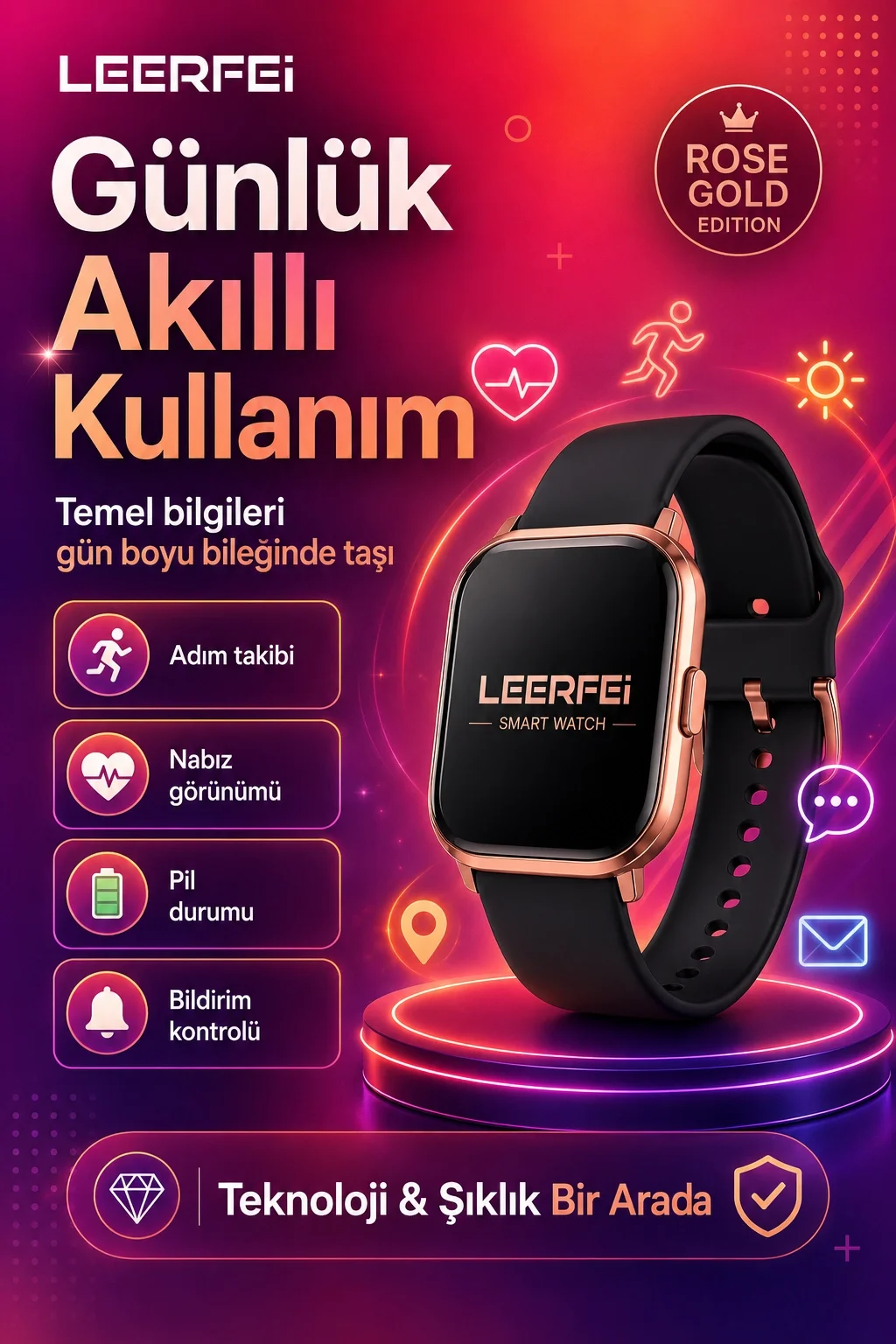 Spor Modlu Kablosuz Şarjlı Akıllı Saat Mesaj Bildirimli Rose Gold Tasarımlı Model