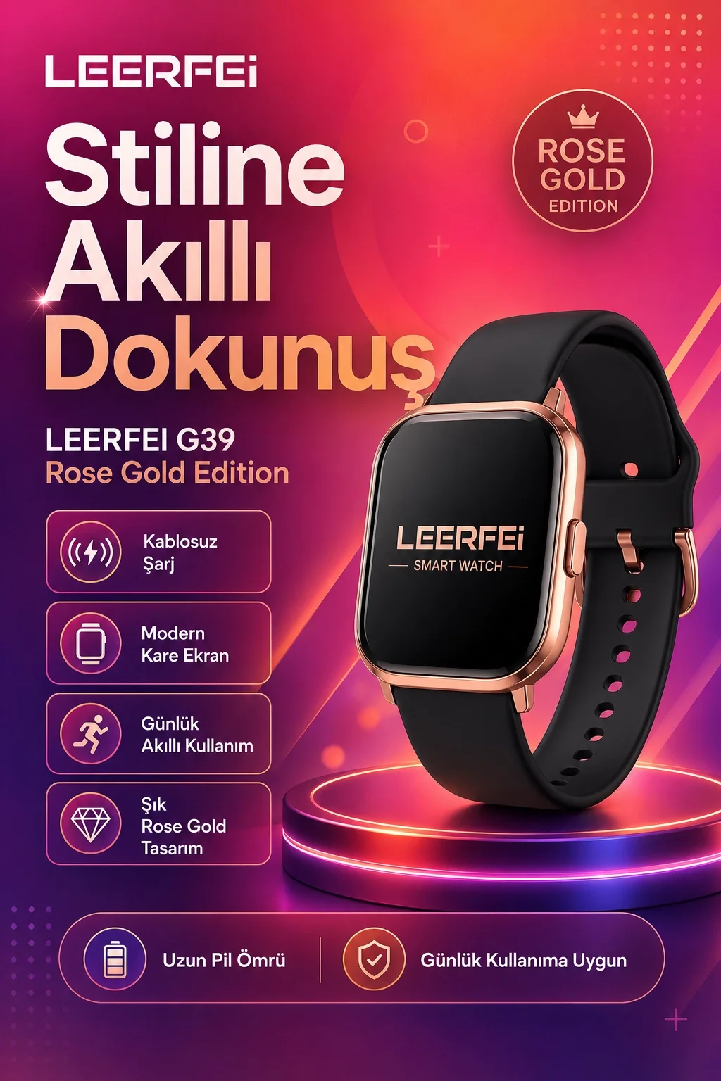 Spor Modlu Kablosuz Şarjlı Akıllı Saat Mesaj Bildirimli Rose Gold Tasarımlı Model