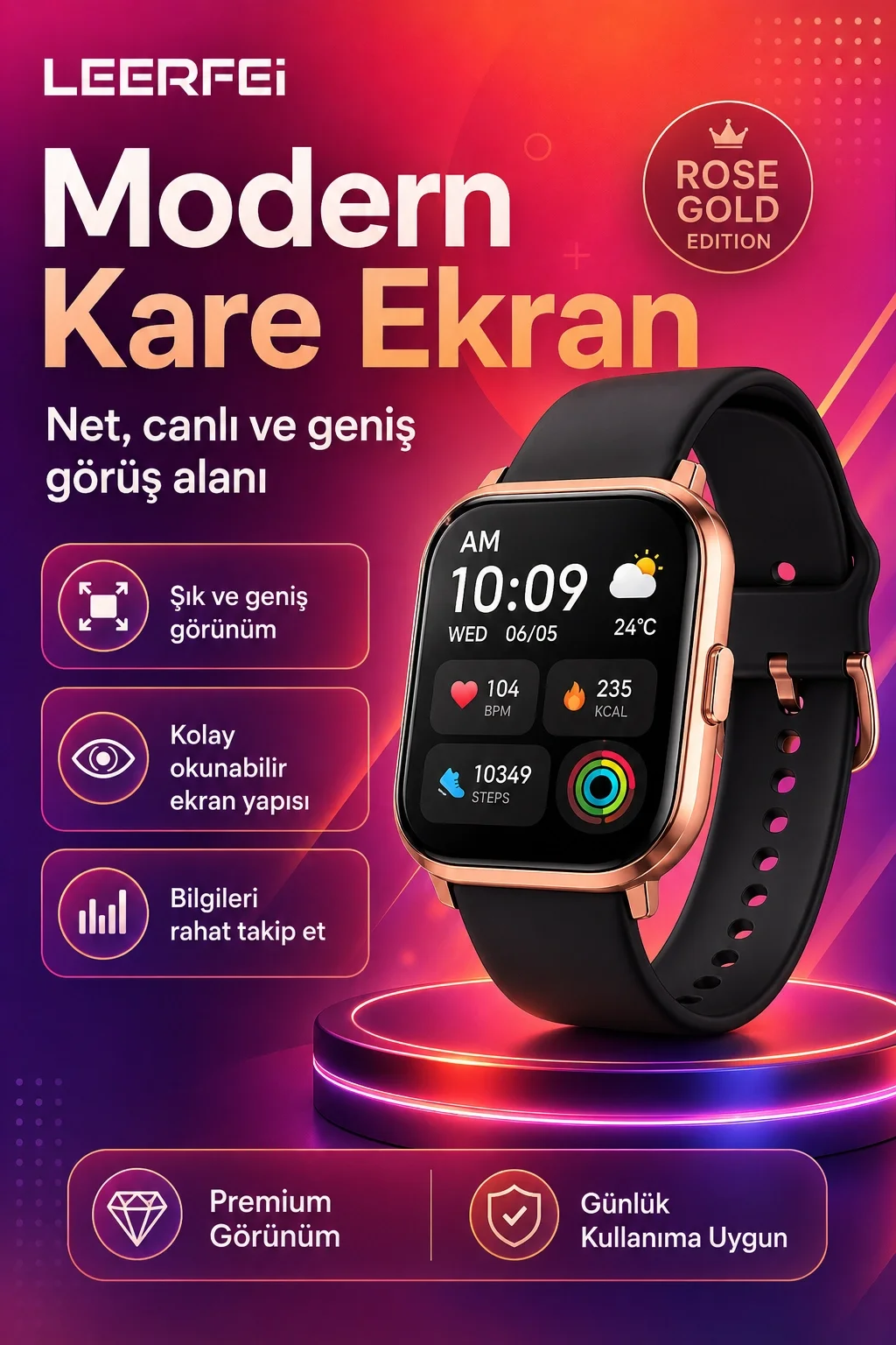 Spor Modlu Kablosuz Şarjlı Akıllı Saat Mesaj Bildirimli Rose Gold Tasarımlı Model