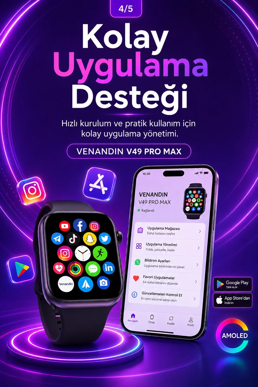 Spor Takip Özellikli AMOLED Ekran Akıllı Saat Telefon Uyumlu Bluetooth Bağlantılı