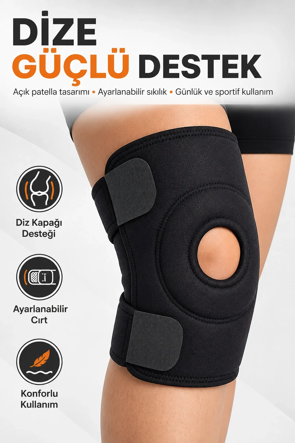 Spor ve Günlük Kullanım İçin Açık Patella Destekli Ayarlanabilir Cırtlı Dizlik