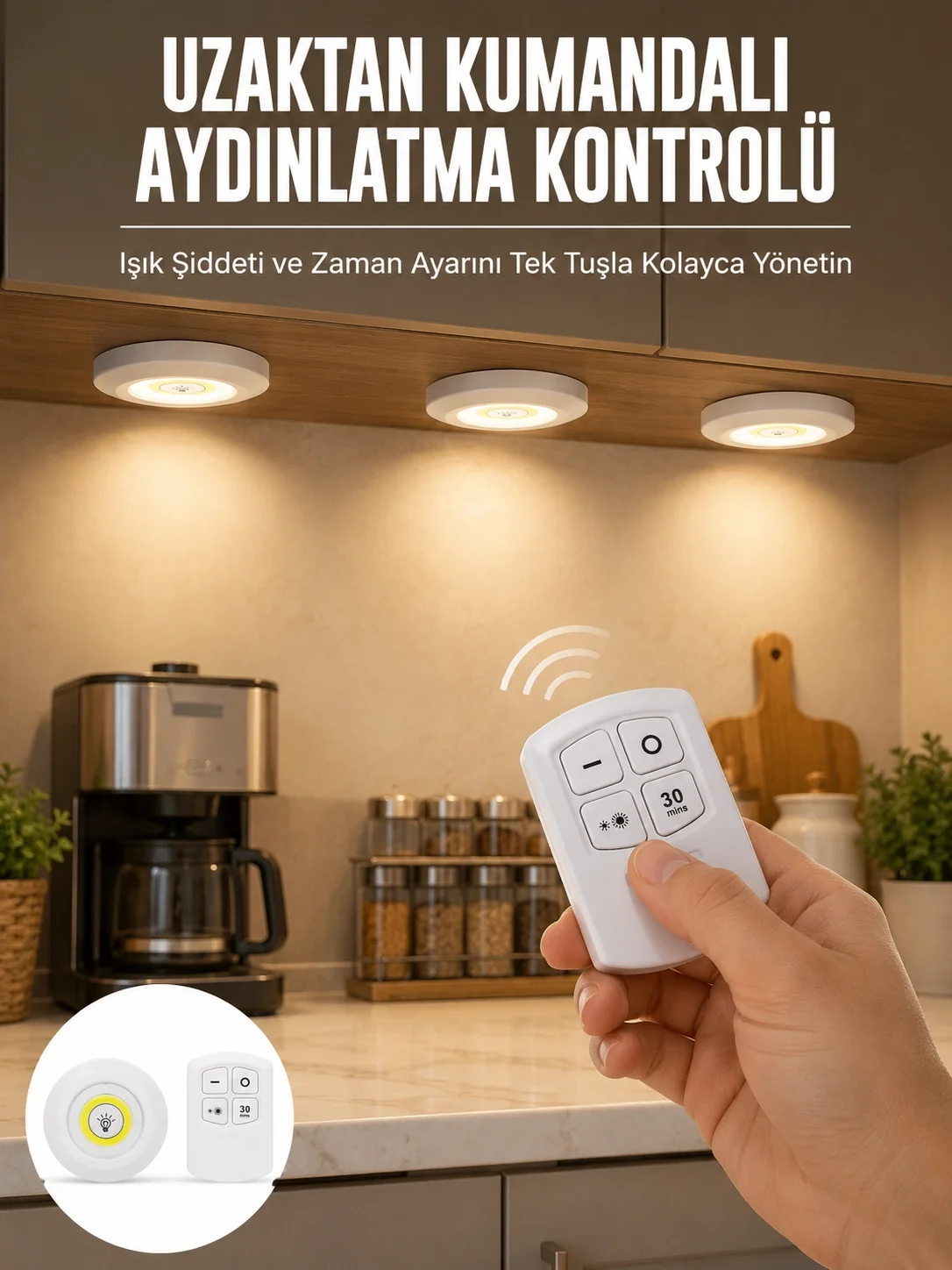 Spot Lamba Led Işık 3'lü Uzaktan Kumandalı Pilli Yapışkanlı Kablo