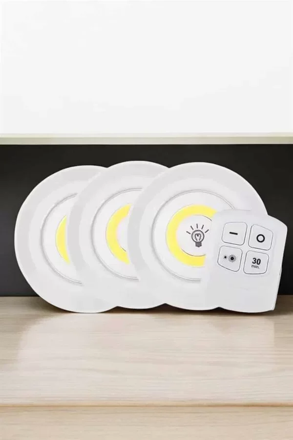 Spot Lamba Led Işık 3'lü Uzaktan Kumandalı Pilli Yapışkanlı Kablosuz - Lisinya