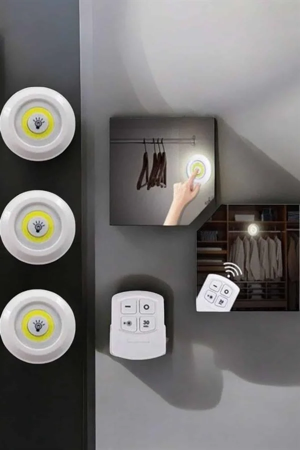 Spot Lamba Led Işık 3'lü Uzaktan Kumandalı Pilli Yapışkanlı Kablo