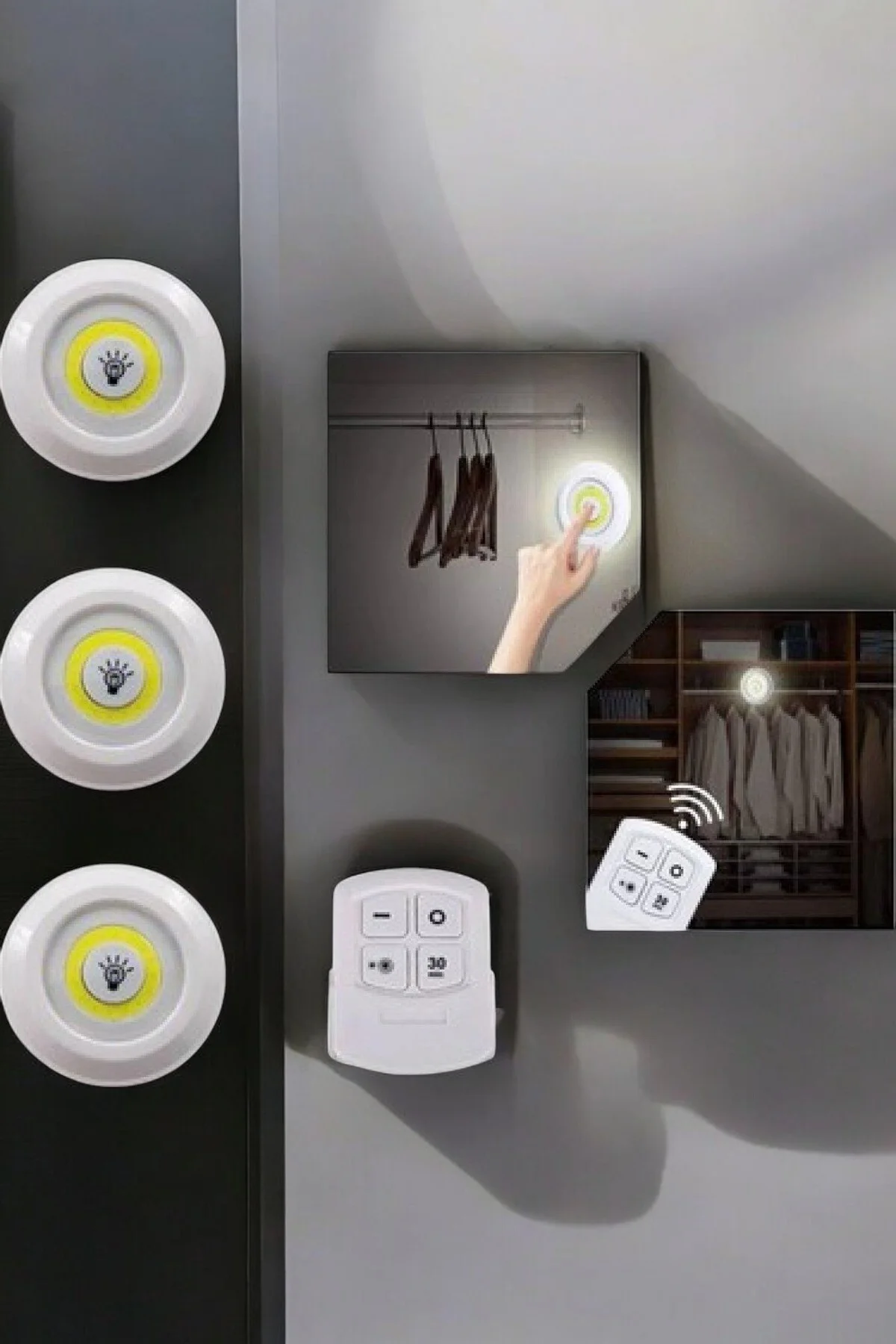 Spot Lamba Led Işık 3'lü Uzaktan Kumandalı Pilli Yapışkanlı Kablosuz