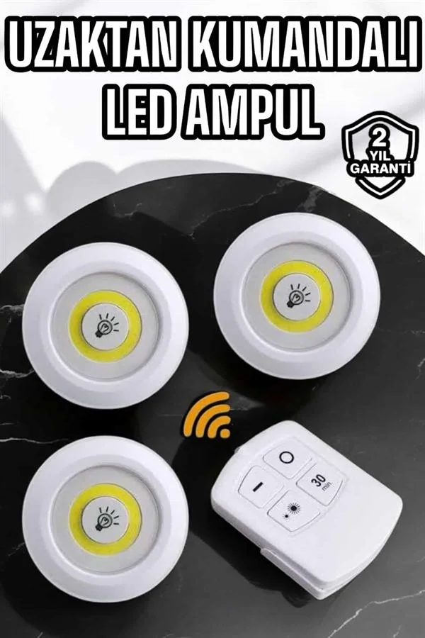 Spot Lamba Led Işık 3'lü Uzaktan Kumandalı Pilli Yapışkanlı Kablo