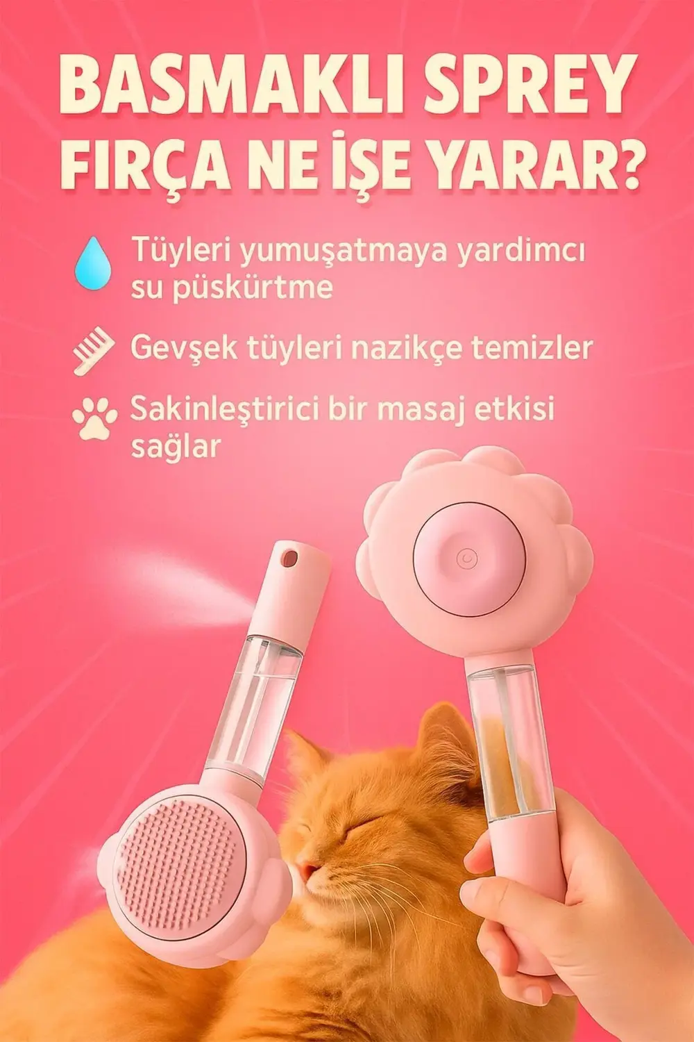 Sprey Hazneli Evcil Hayvan Tüy Toplama ve Temizlik Fırçası – Kedi