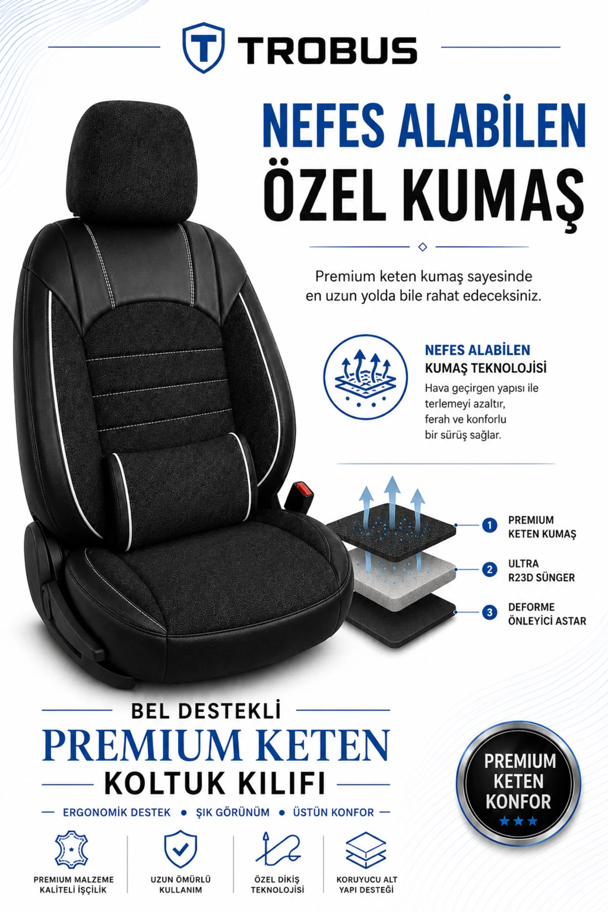 Ssangyong Action 2008 ve Sonrası Uyumlu Levante Serisi Bel Destekli Keten Füme Beyaz Koltuk Kılıfı