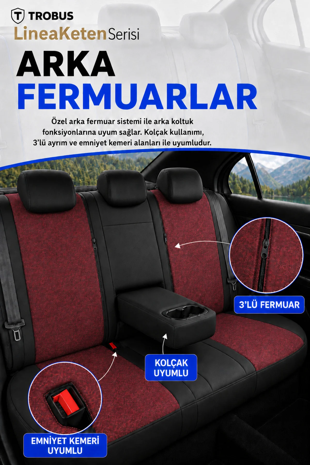 Ssangyong Action 2008 ve Sonrası Uyumlu LineaKeten Serisi Ortopedik Bordo Siyah Koltuk Kılıfı