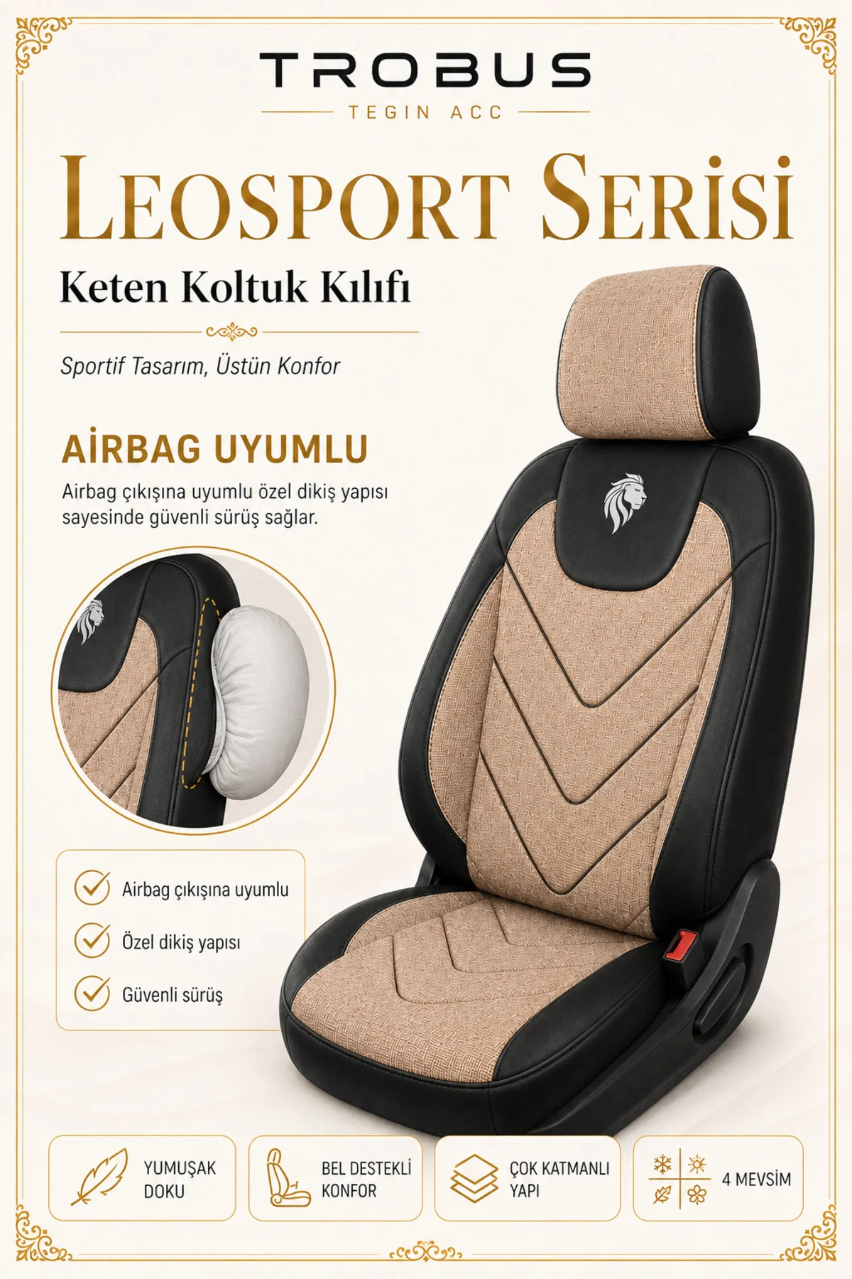 Ssangyong Action 2008 ve Sonrası Uyumlu LeoSport Serisi Bej Siyah Ortopedik Keten Koltuk Kılıfı Fiyatı, Yorumları ve Özellikleri