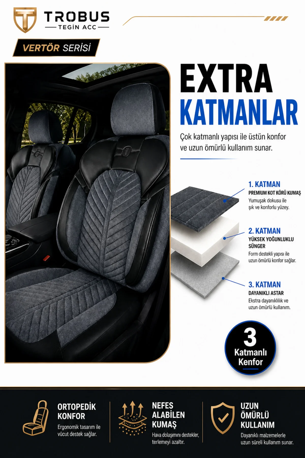 Ssangyong Action 2008 ve Sonrası Uyumlu Süvari Serisi Tay Tüyü Füme Siyah Premium Koltuk Kılıfı