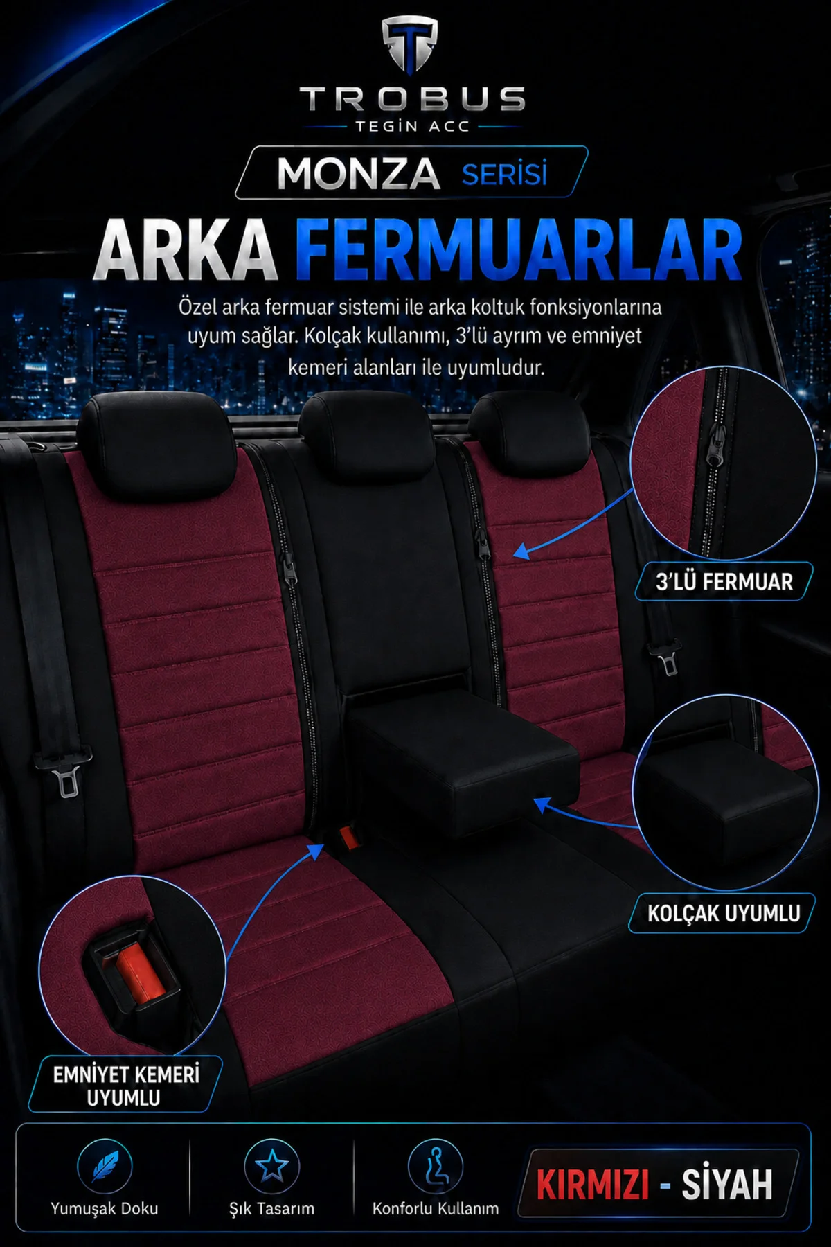 SsangYong Rexton 2006-2017 Uyumlu Monza Serisi Tay Tüyü Oto Koltuk Kılıfı Bordo Siyah Fiyatı, Yorumları ve Özellikleri