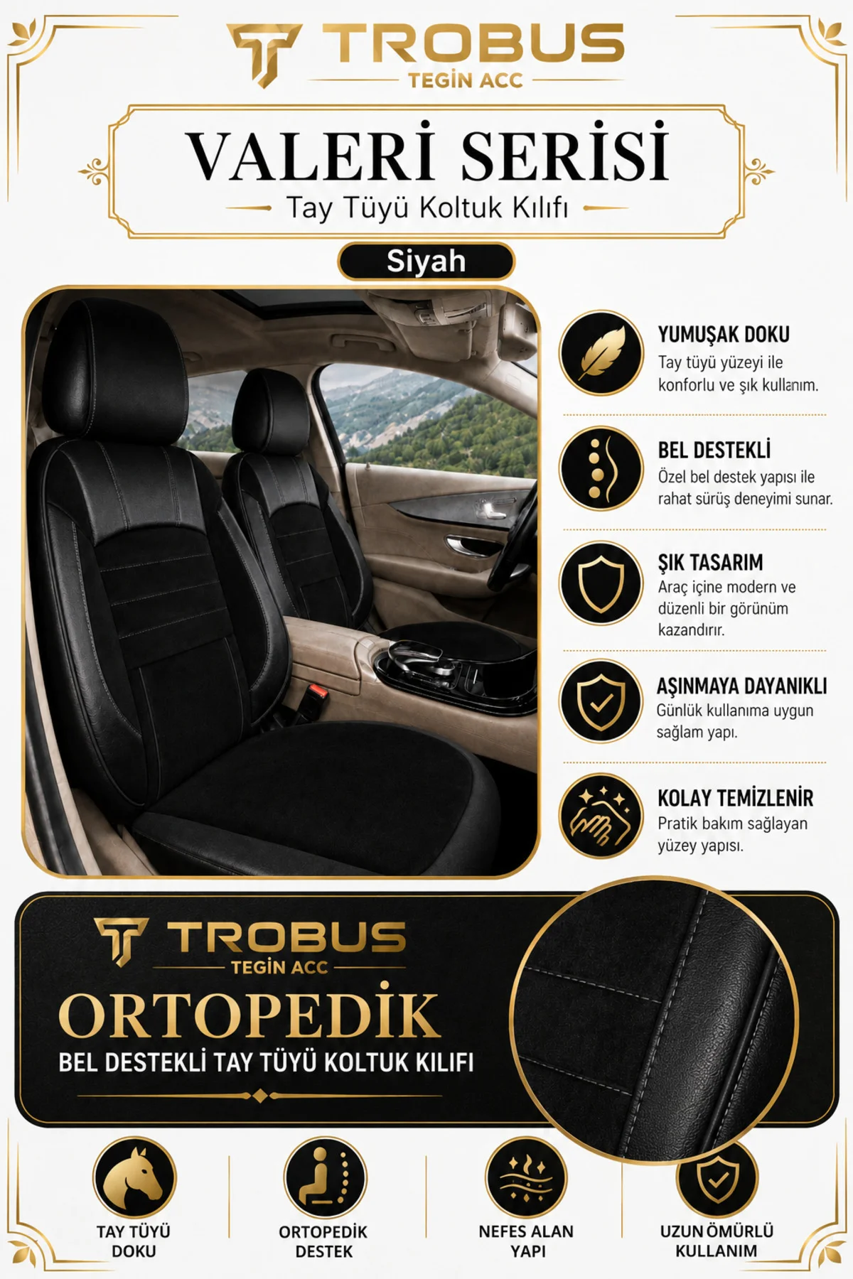 SsangYong Rexton 2006-2017 Uyumlu Valeria Serisi Tay Tüyü Oto Koltuk Kılıfı Siyah Fiyatı, Yorumları ve Özellikleri