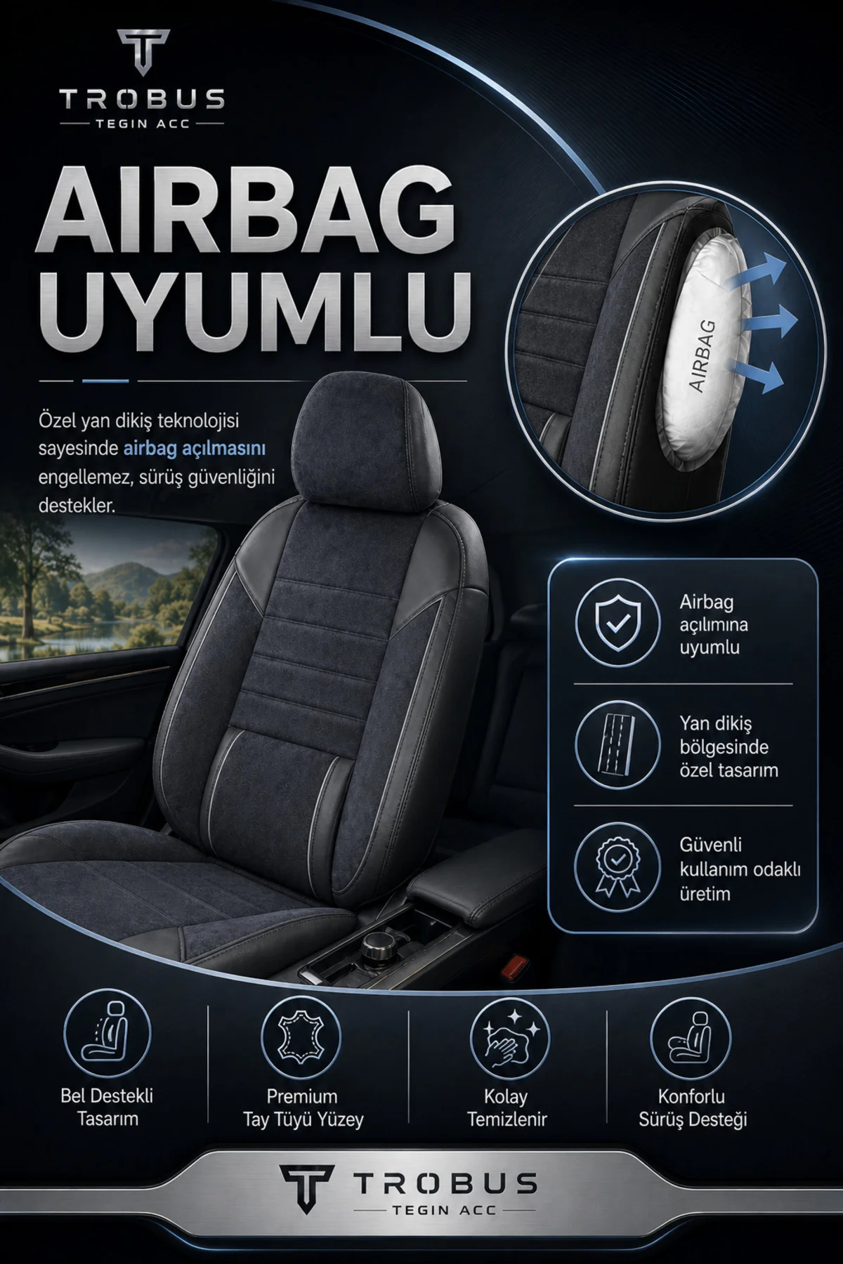Ssangyong Vivuli 2019 ve Sonrası Uyumlu Nova Serisi Tay Tüyü Bel Destekli Füme Füme Koltuk Kılıfı - Görsel 4