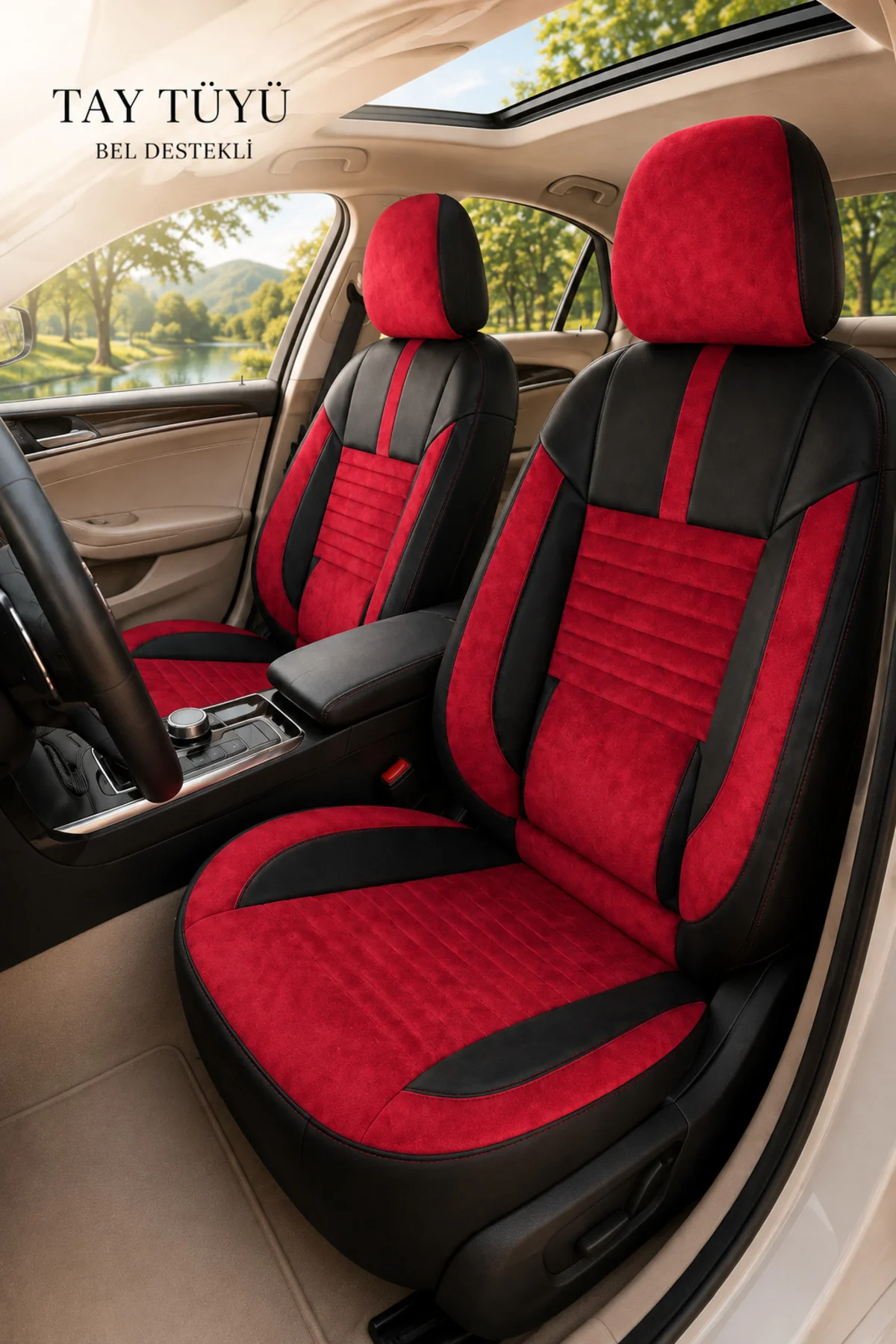 SsangYong Vivuli 2019 ve Sonrası Uyumlu Apex Serisi Tay Tüyü Oto Koltuk Kılıfı Kırmızı Siyah