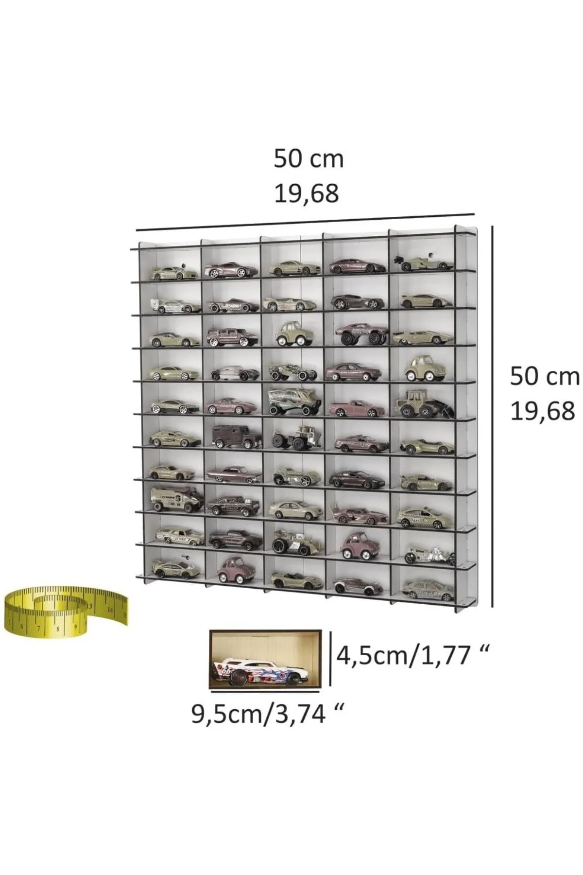 Standard 50 Araç Oyuncak Araba Rafı, 1:64 Ölçek Uyumlu Metal Oyuncak Araç Garaj Duvar Vitrini-