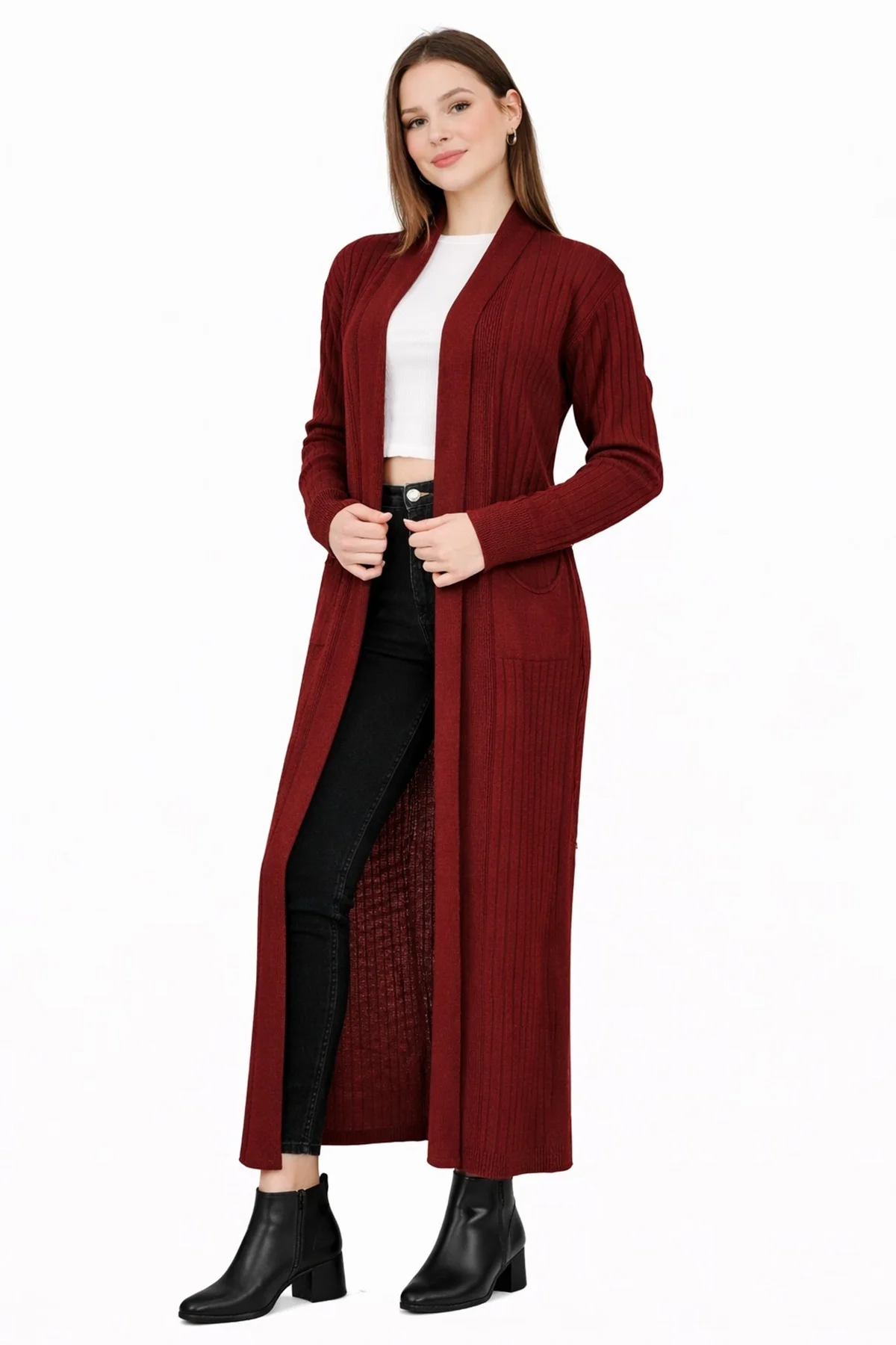 STANDART BEDEN UZUN TRİKO FİTİLLİ KADIN CEKET