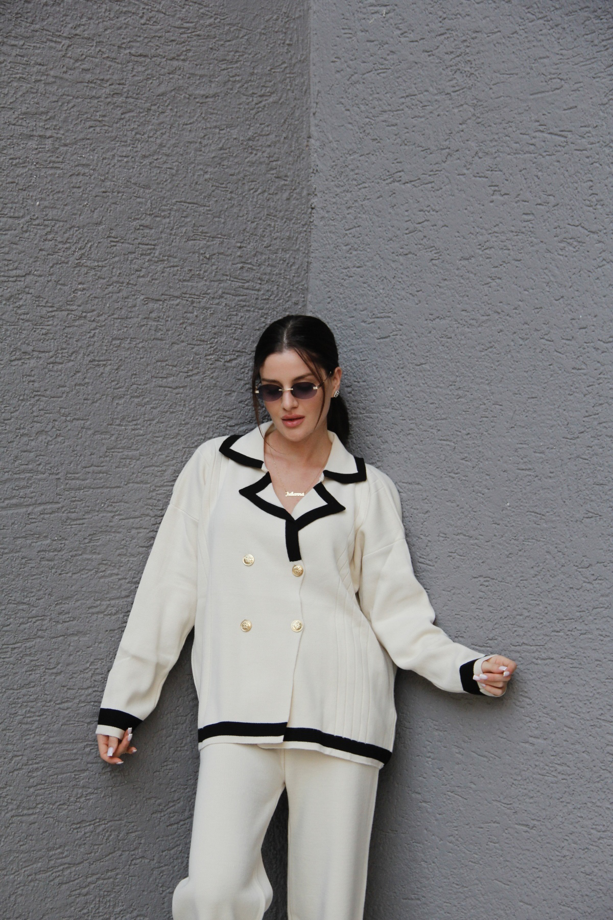 Trustmarket Standart Beden(Oversize) Gold Dört Düğmeli Kruvaze Hırka Pantolon