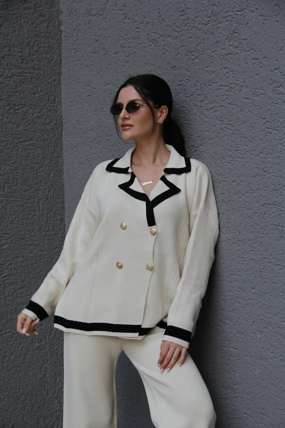 Standart Beden(Oversize) Gold Dört Düğmeli Kruvaze Hırka Pantolon