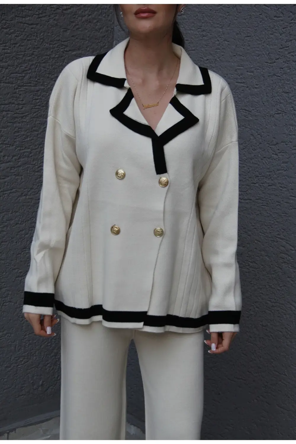 Standart Beden(Oversize) Gold Dört Düğmeli Kruvaze Hırka Pantolon