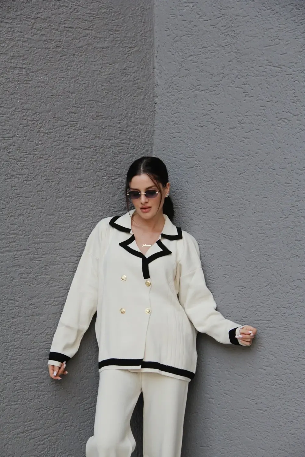 Standart Beden(Oversize) Gold Dört Düğmeli Kruvaze Hırka Pantolon