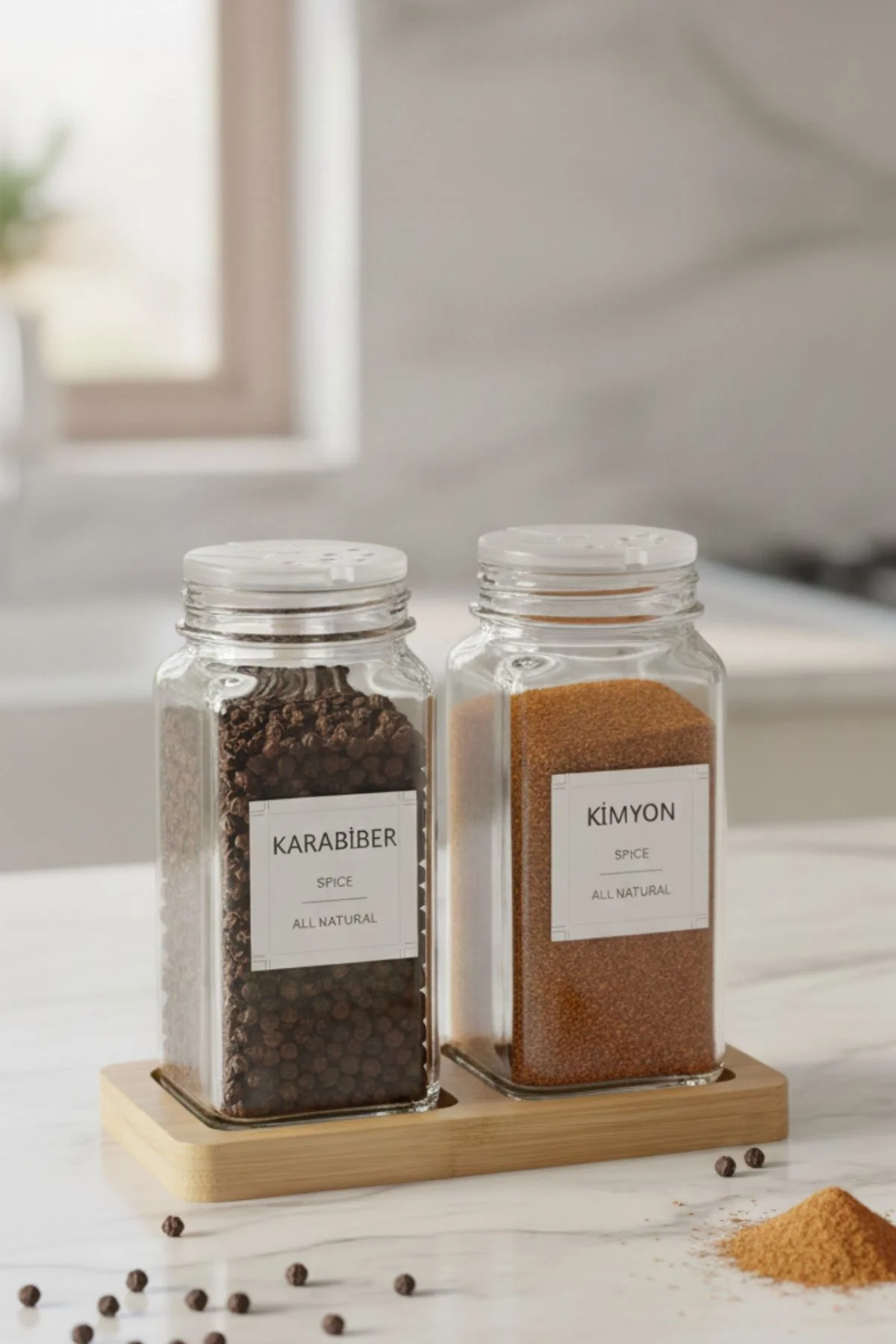 Standlı 3 Parça Bambu Kapaklı 2'li Cam Baharatlık 120 Ml Tuzluk B
