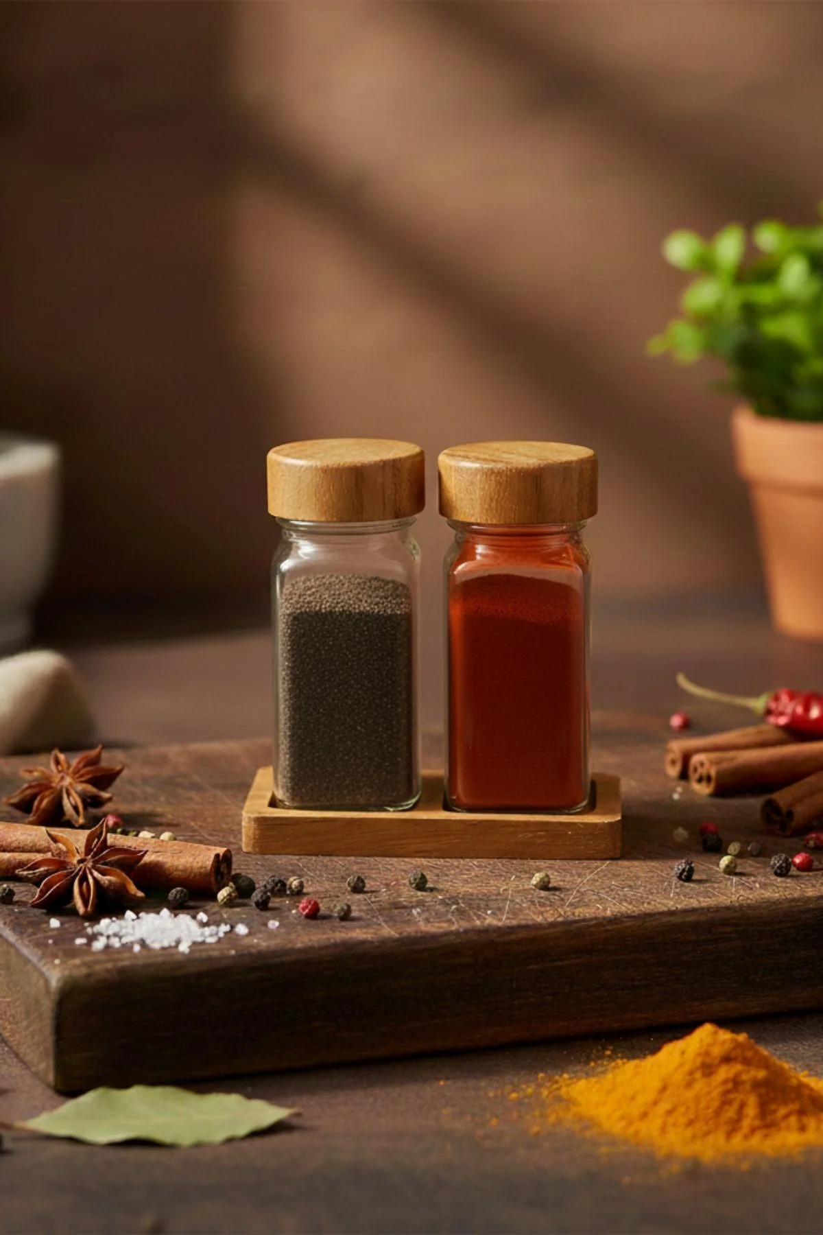 Standlı 3 Parça Bambu Kapaklı 2'li Cam Baharatlık 120 Ml Tuzluk B
