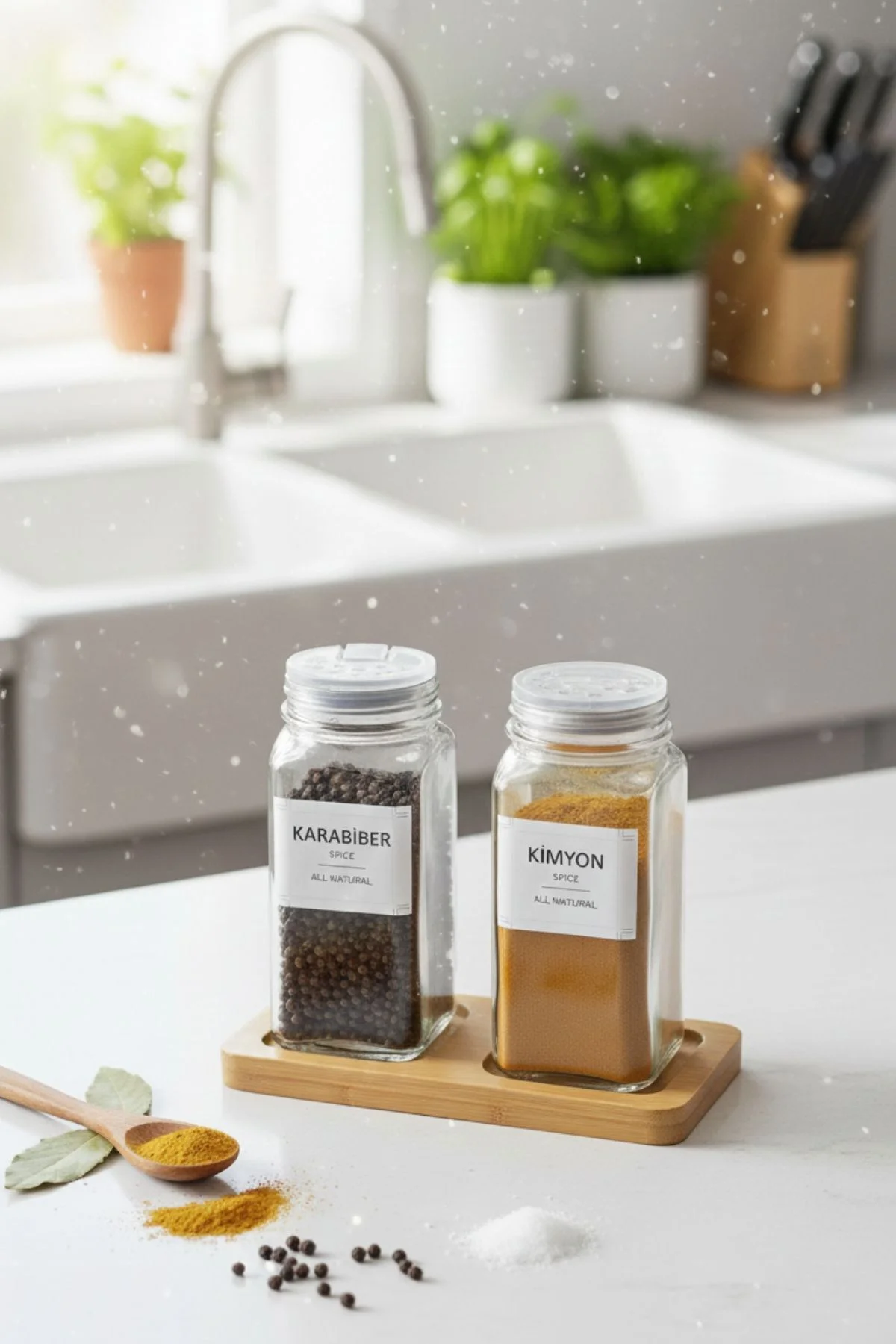 Standlı 3 Parça Bambu Kapaklı 2'li Cam Baharatlık 120 Ml Tuzluk B